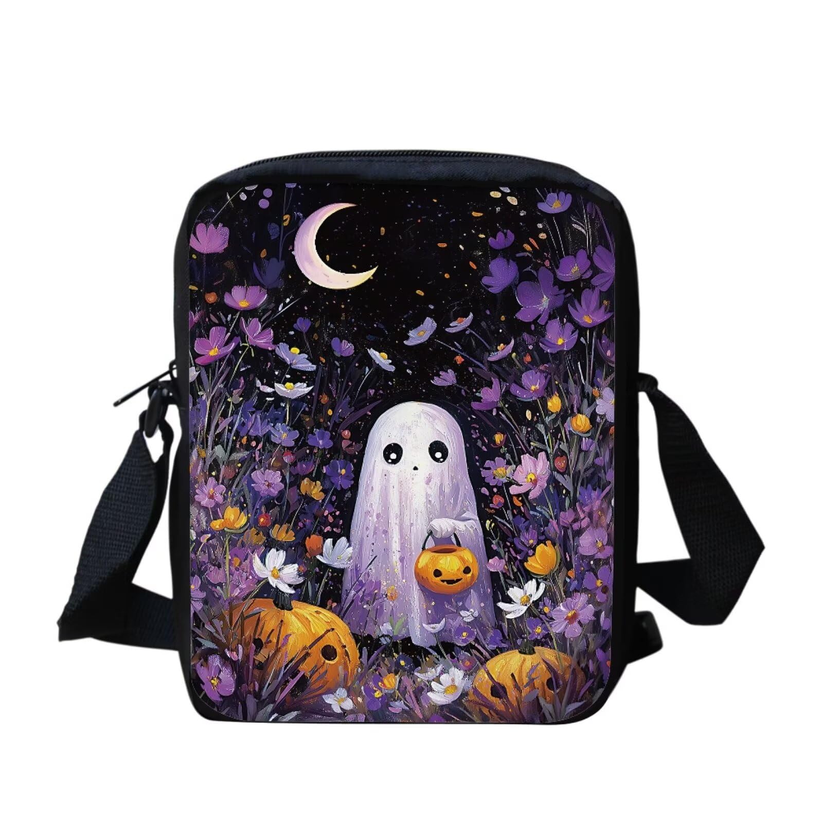COEQINE Goth Purse for Women Crossbody Bag for Adult, Adjustable Strap Portable Shoulder Handbag with Zipper Pocket for Back Cute Ghost Pumpkin Cell