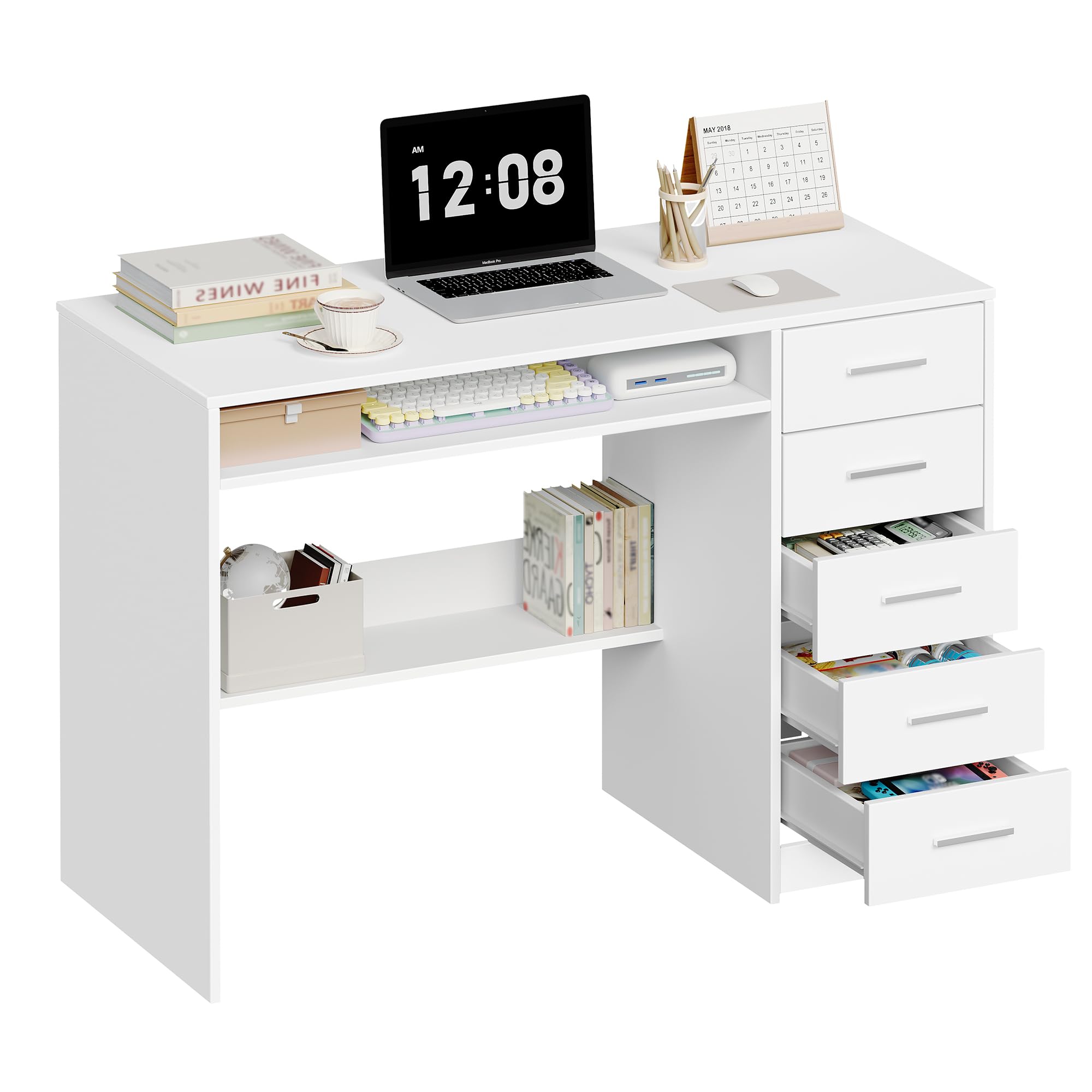 Hzuaneri Schreibtisch 108x50cm 5 Schubl. weiß | 5 Schubl,minimalistisch, stabil. Für Büro,Arbeitszimmer,Schlafzimmer. 108x50cm, weiß. Ref. CD10503X.
