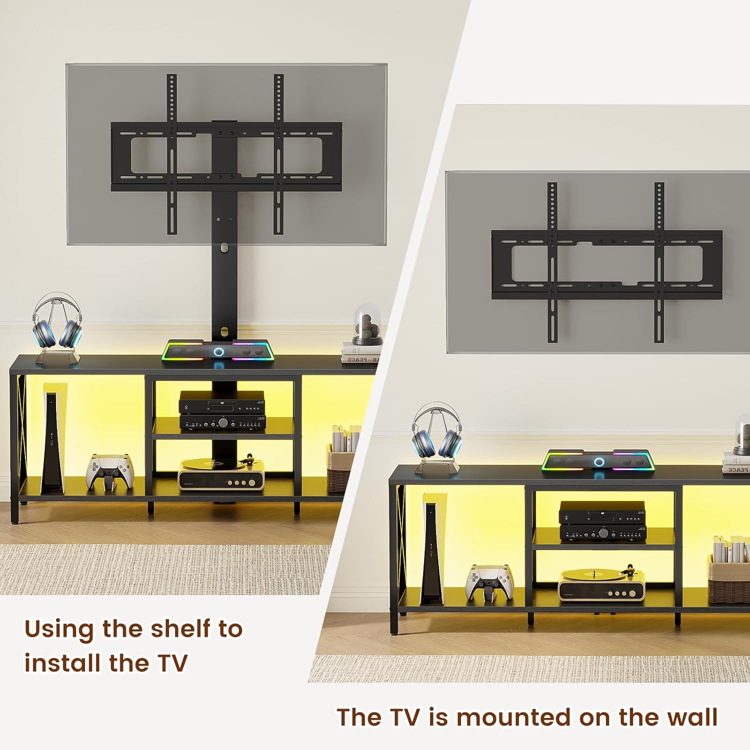 Flycity TV Stand with Mount and LED Lights, Universal TV Stand Mount for 32-75 inch TV, Entertainment Center with Storage, Metal TV Console Table Height Adjustable TV Stands for Living Room, Black