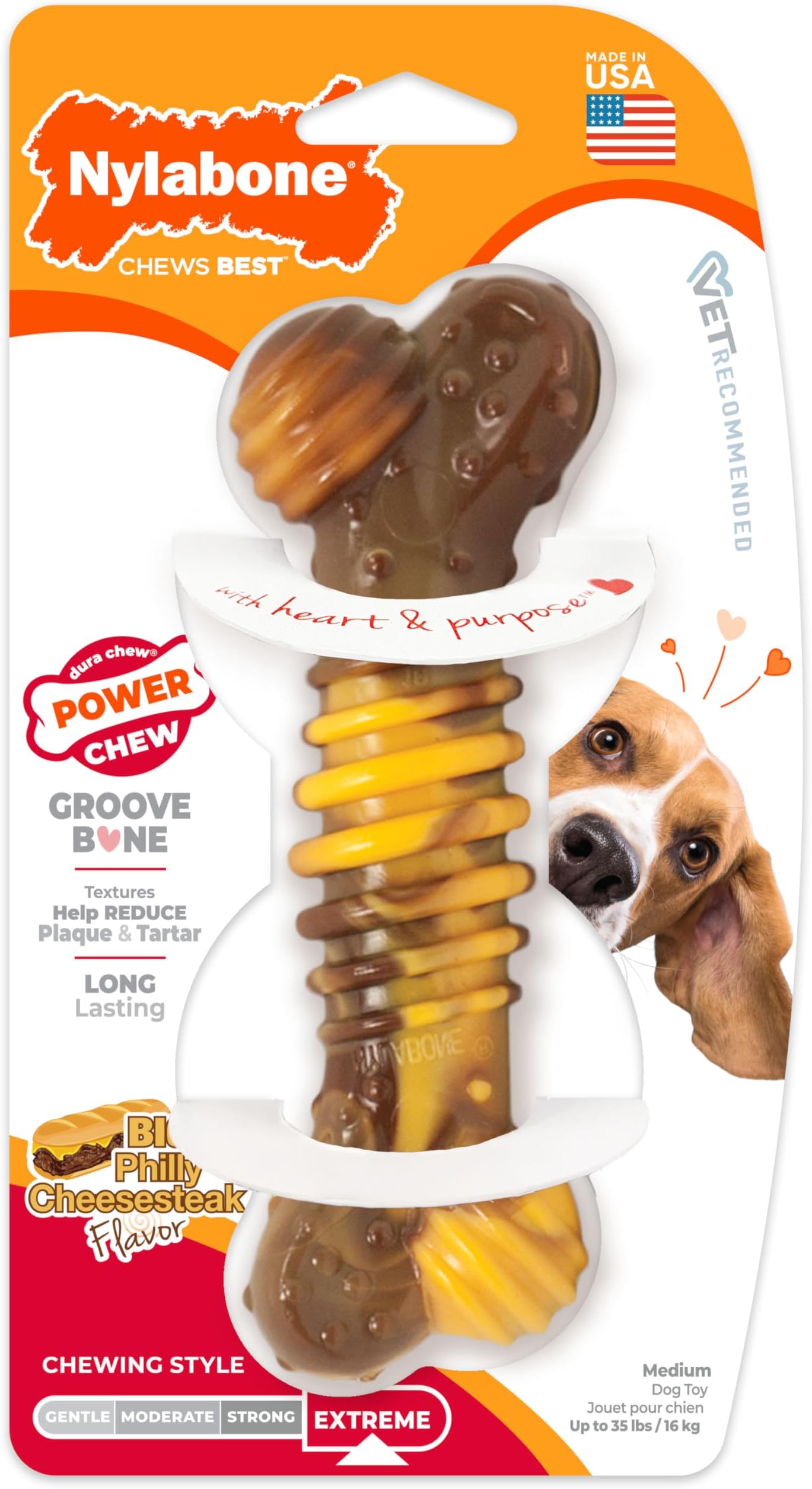 Nylabone Extreme Tough Dog Chew Toy Bone, Durable, Cleans Teeth, Beef & Cheese, Medium, for Dogs Up to 16 kg