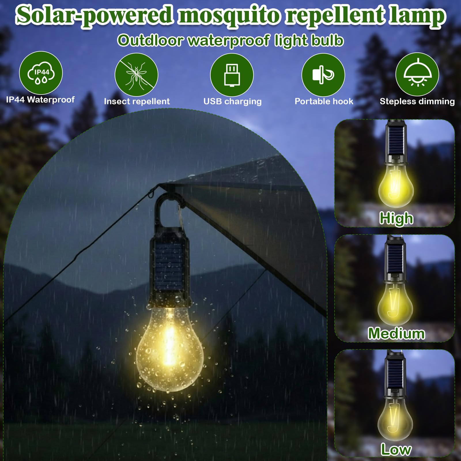 4 lanterne solari da campeggio con luce gialla, lampadina LED ricaricabile per ridurre le zanzare, 3 diverse modalità, luce portatile da appendere con gancio per campeggio, escursionismo