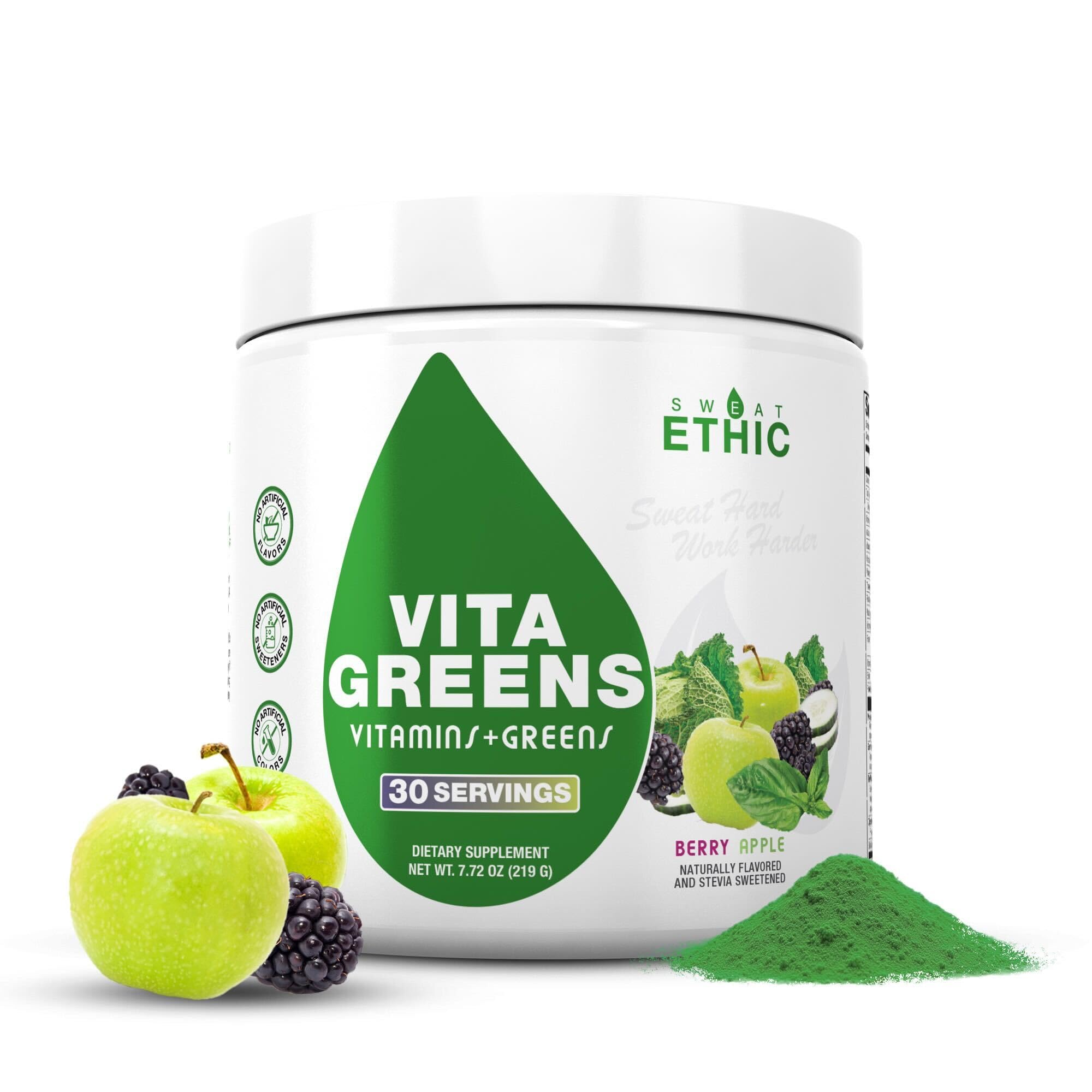 Sweat Ethic Suplemento de greens em pó com multivitamínico, probióticos, prebióticos e enzimas digestivas, sabor Berry Apple, 227 g