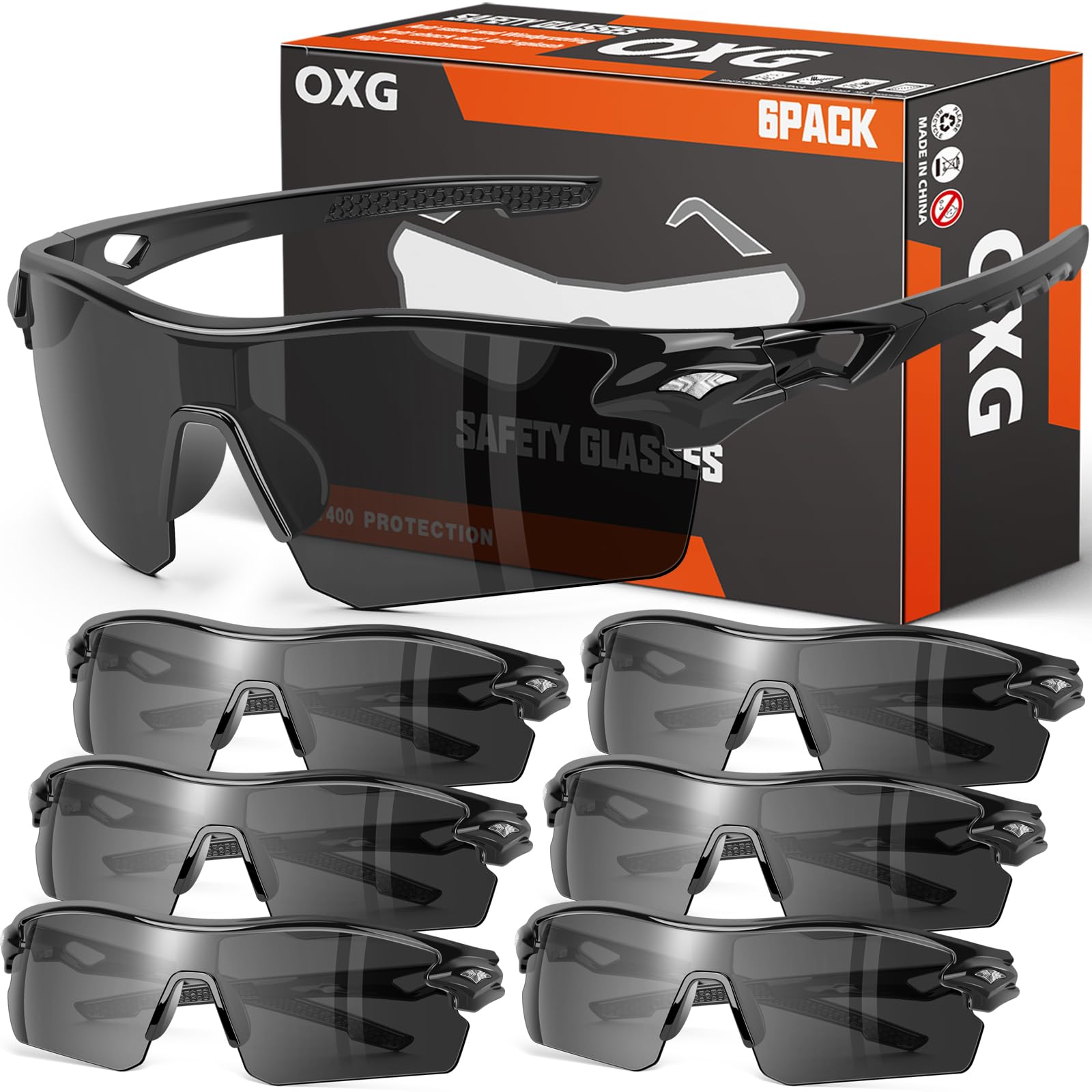OXG Paquete de 6 gafas de seguridad unisex, gafas de seguridad con lente envolvente, resistentes a los arañazos y impactos, cumple con la norma ANSI Z87.1