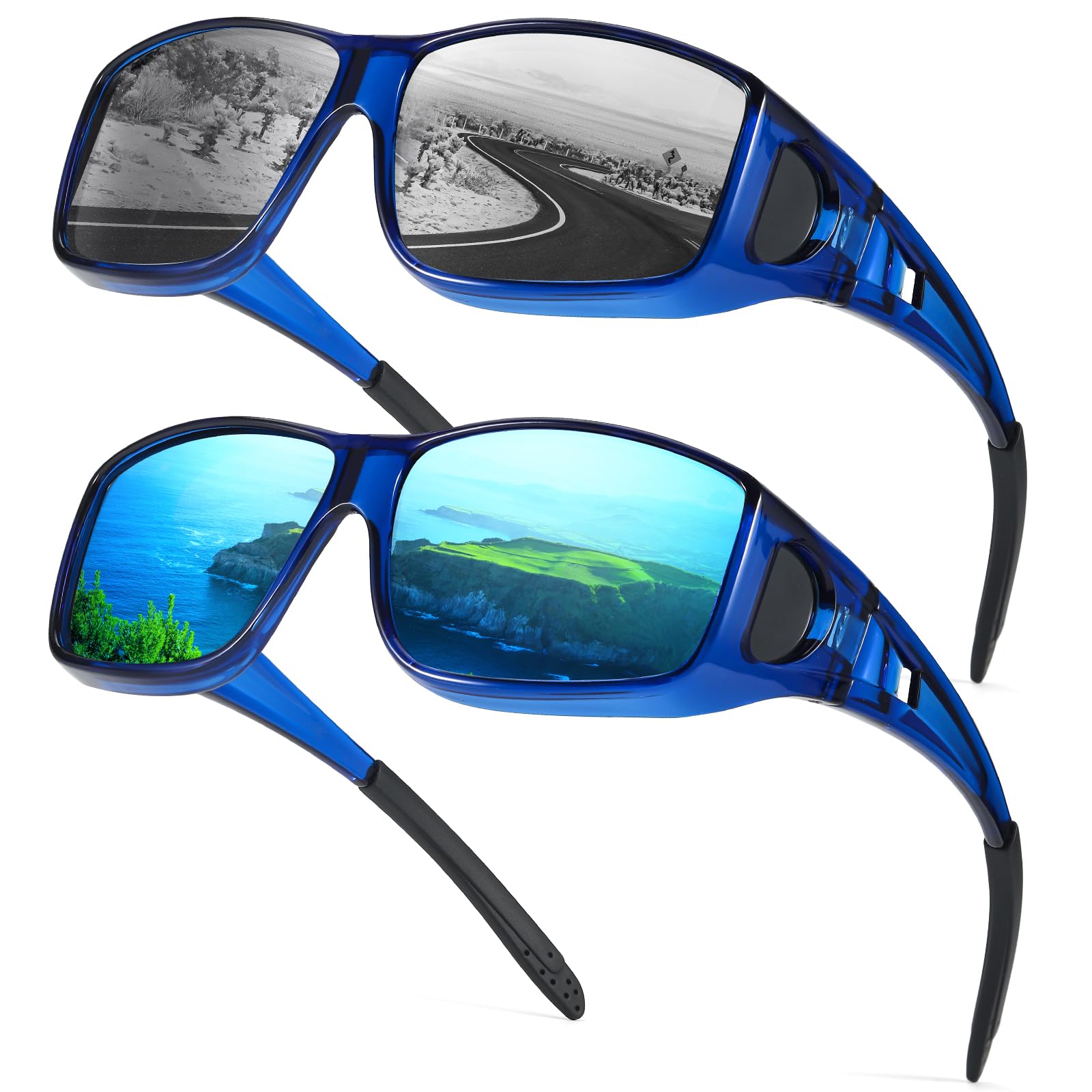 Myiaur 2er Pack Polarisierte Überzieh Sonnenbrille für Herren Damen Rechteckige Fassung UV400 Schutz für Autofahren, Angeln & Outdoor-Aktivitäten