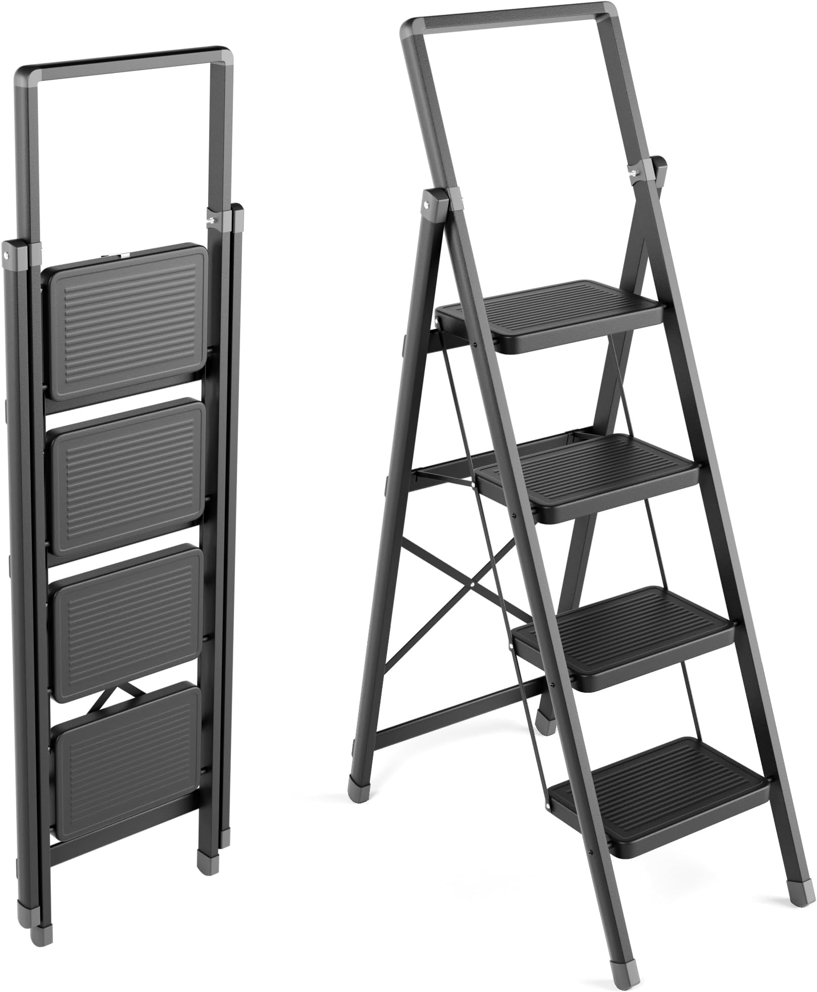 4 Step Ladder, Folding Step Stool with Wide Anti-Slip Pedal, Sturdy Steel Ladder, Convenient Handgrip, Lightweight, Portable Steel Step Stool(Black)