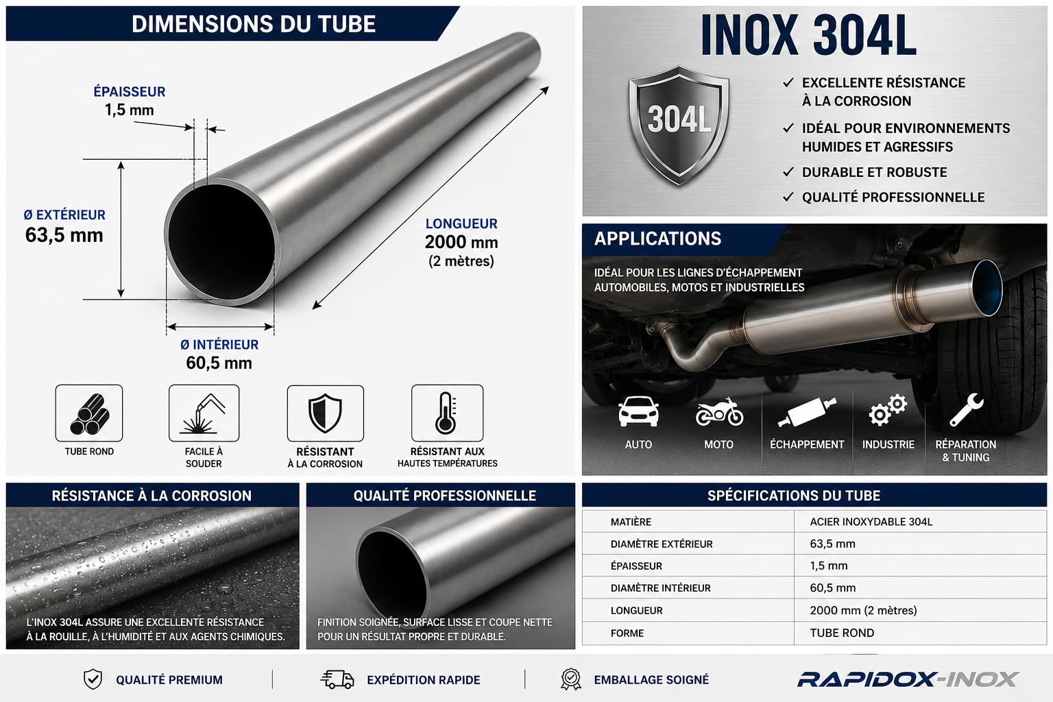 Rapidox Edelstahlrohr Ø 63,5 mm x 1,5 mm 304L für Auspuff – Länge 2000 mm
