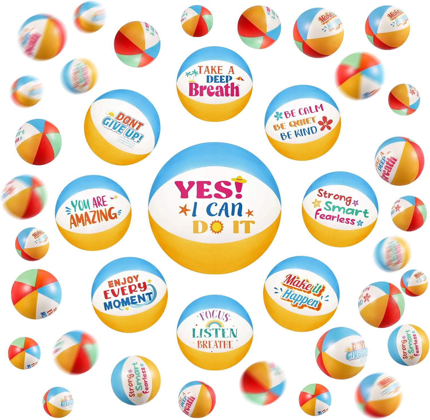 Blulu 50 Pcs Mini Beach Stress Balls with Motivational Quotes 2.5" Foam Bulk Rainbow Squeeze Sports Toys with Storage Bag for Hawaiian Beach Party Favors Birthday Gifts Rewards