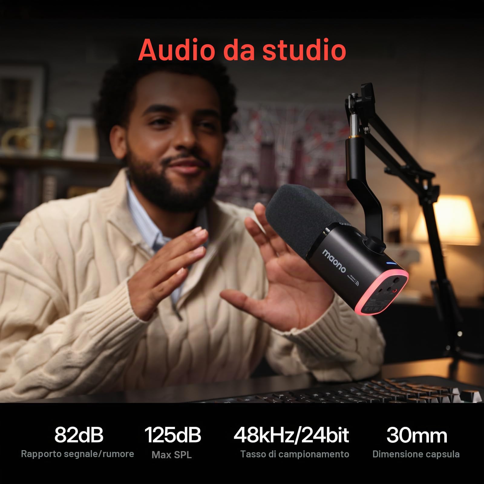 MAONO Kit microfono dinamico wireless per PC, cancellazione del rumore one-tap, microfono con boom USB-C con RGB, disattivazione, controllo amplificazione, PD100WS nero