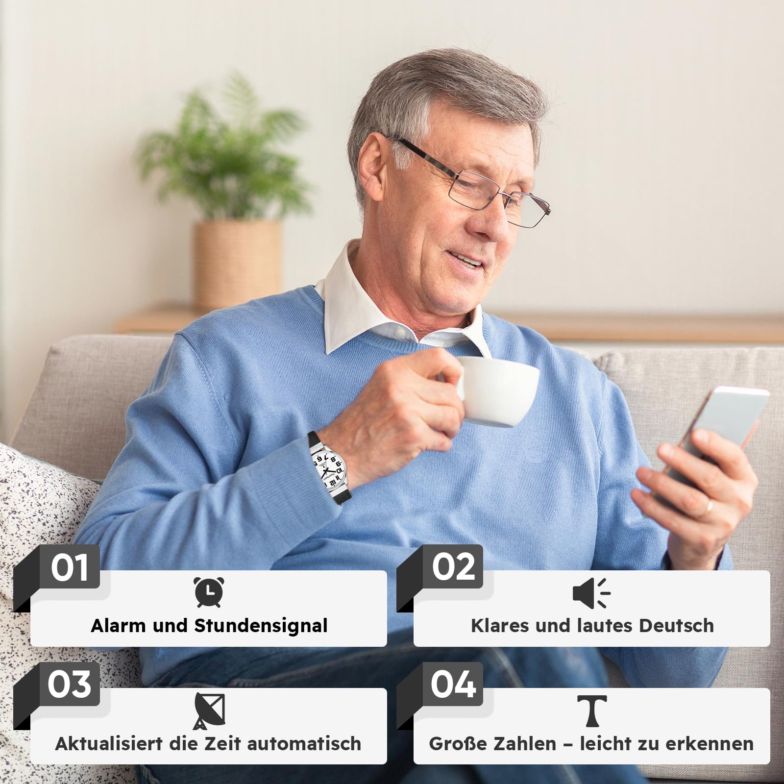 Hearkent Sprechende Uhr,Deutscher Stimme,Funkuhr Armbanduhr.Großen Zahlen | Selbsteinstellend für Sehbehinderte,Blinde oder Senioren Armbanduhr, Herrengröße-2309M