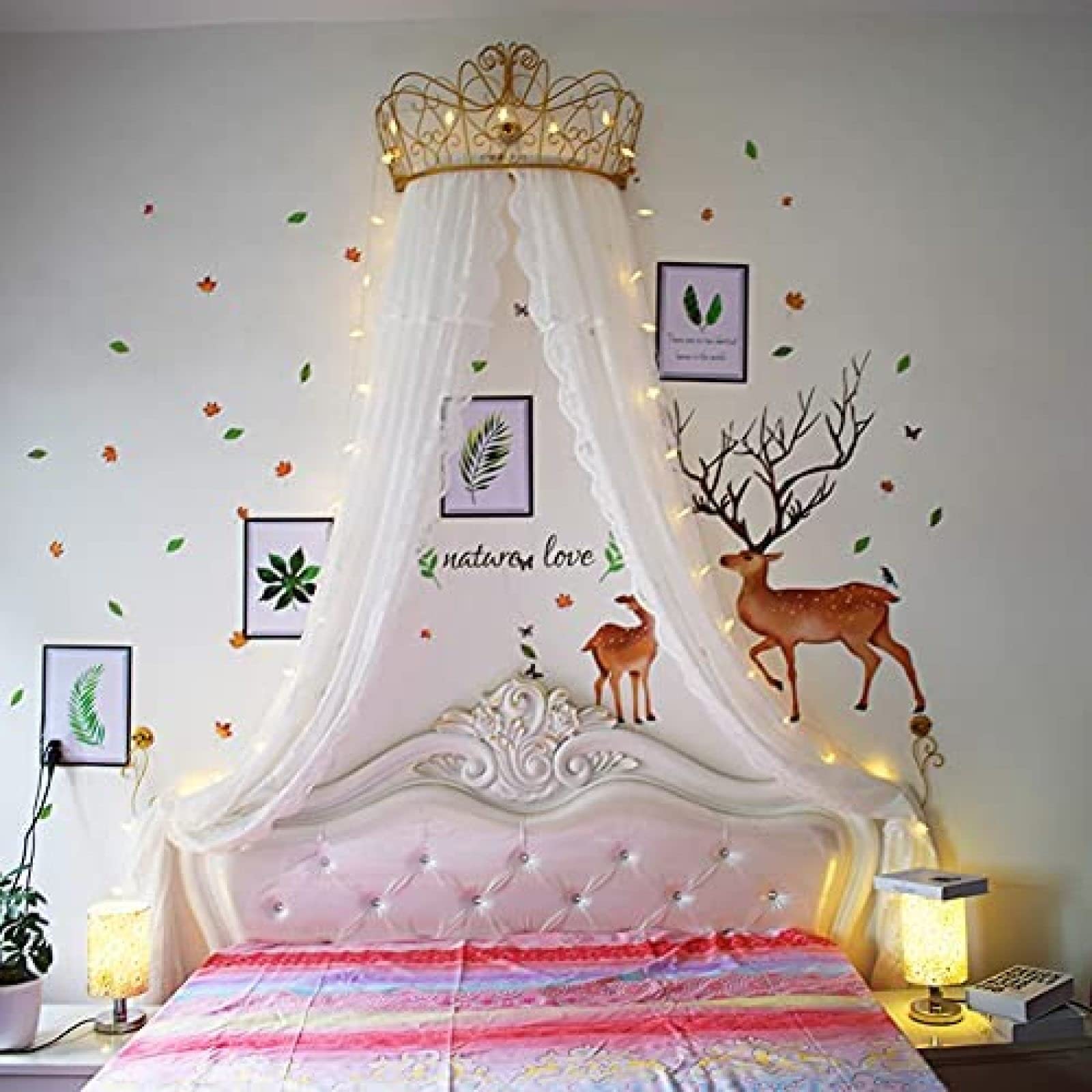 Cama con Dosel de Princesa, Cortina de Cama de Gasa de Encaje Blanco, Cortinas Decorativas, Corona de Metal con Luces de Estrellas para Dormitorio de niñas,Blanco,Cama de 1,5 m