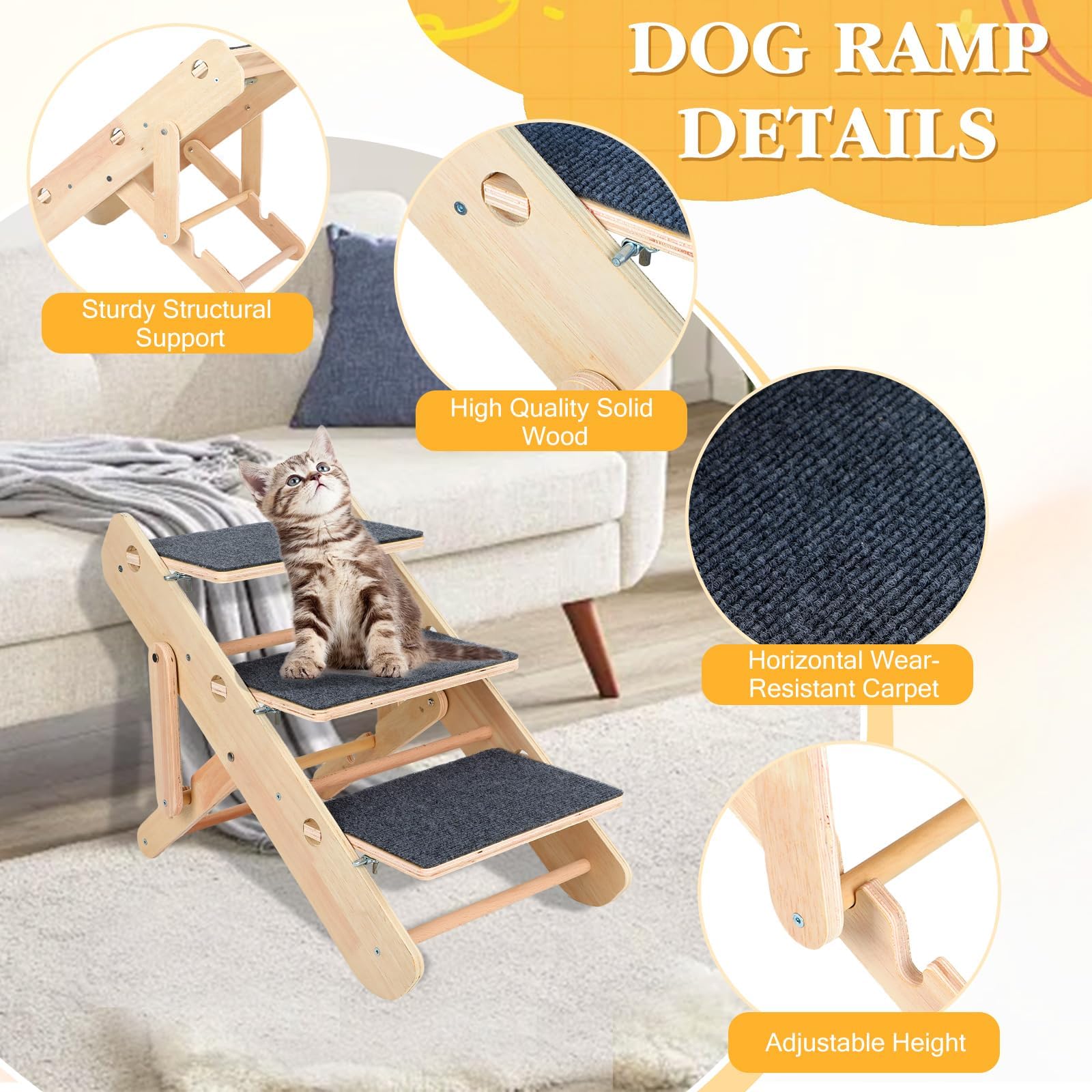 Escalera para perros, 2 en 1, escalera para perros pequeños y gatos, 3 niveles, plegable y portátil, escalera para mascotas para cama, sofá y coche, antideslizante