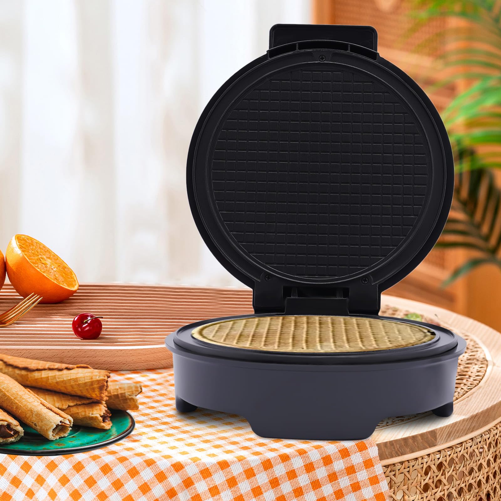 Gofrownica z rożkami lodowymi 1200 W, maszyna do stożków lodowych z powłoką nieprzywierającą, regulowana temperatura 150-200℃, płyta kuchenna 20 cm Ø