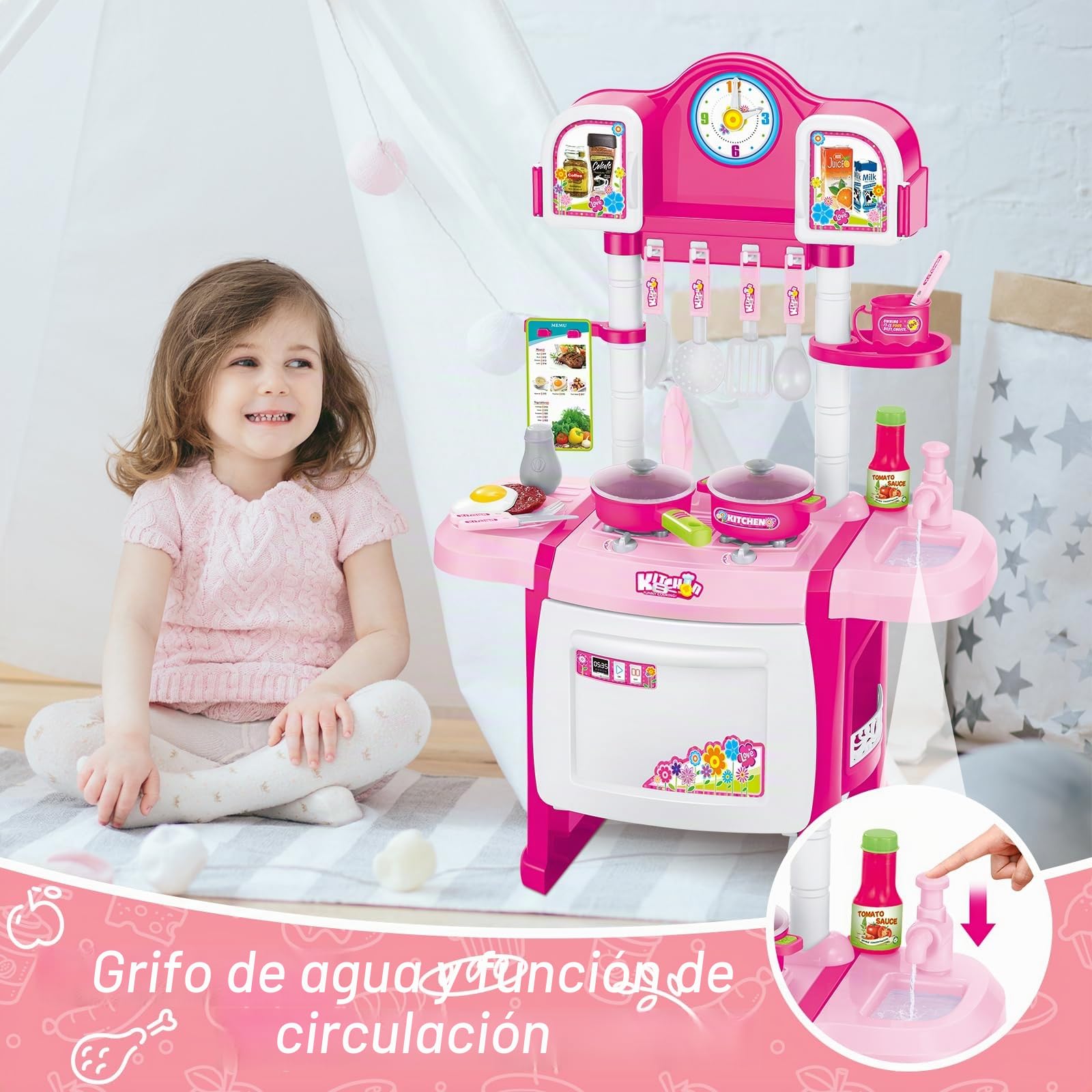 deAO Cocinita Mi Pequeño Chef con Características de Sonidos y Agua Incluye Accesosrios de Cocina,Cocina Juguetes Fregadero Refrigerador Horno Comida Juguete