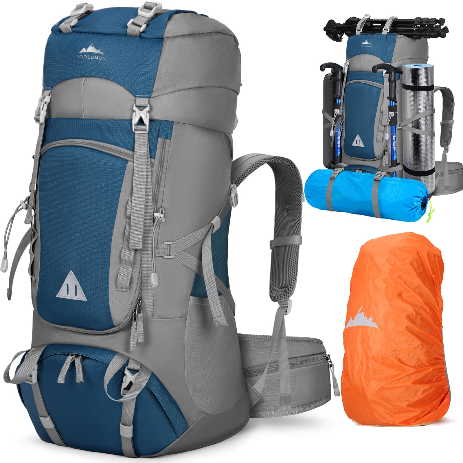 IGOLUMON Plecak trekkingowy, 60 l, plecak trekkingowy, dla mężczyzn i kobiet, plecak podróżny, duży plecak z pokrowcem przeciwdeszczowym, na kemping, trekking, do wspinaczki, podróży na świeżym