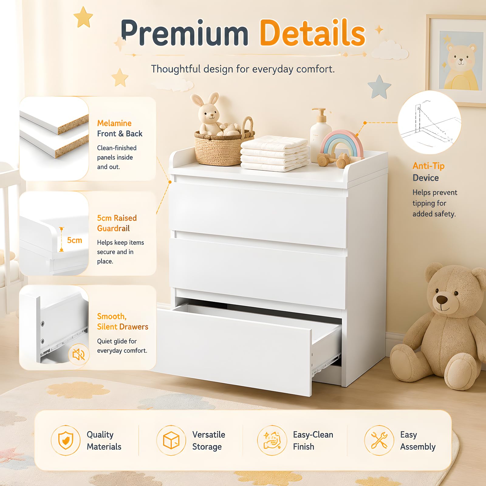 Cómoda Cambiadora Blanca 3 Cajones, Cajonera Blanca para Habitación Infantil y Dormitorio de Padres, Mueble de Almacenaje con Borde Elevado 5 cm, Melamina, 70 x 40 x 80,5 cm