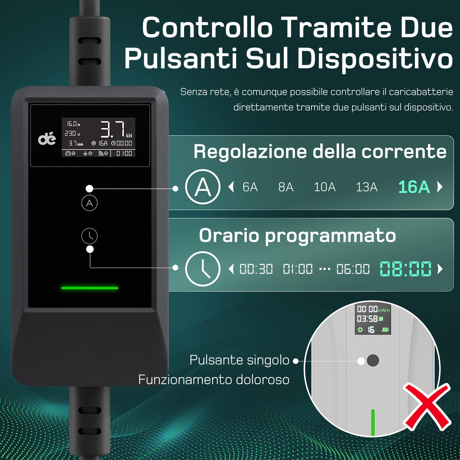 dé Cavo Ricarica Auto Elettrica Tipo 2 Schuko APP 3,7kW [7m | 6/8/10/13/16A] Colonnina Ricarica auto Elettrica con Supporto, con LCD Controllo Digitale Compatibile con Model Y/3, e208 e Altri EV/PHEV