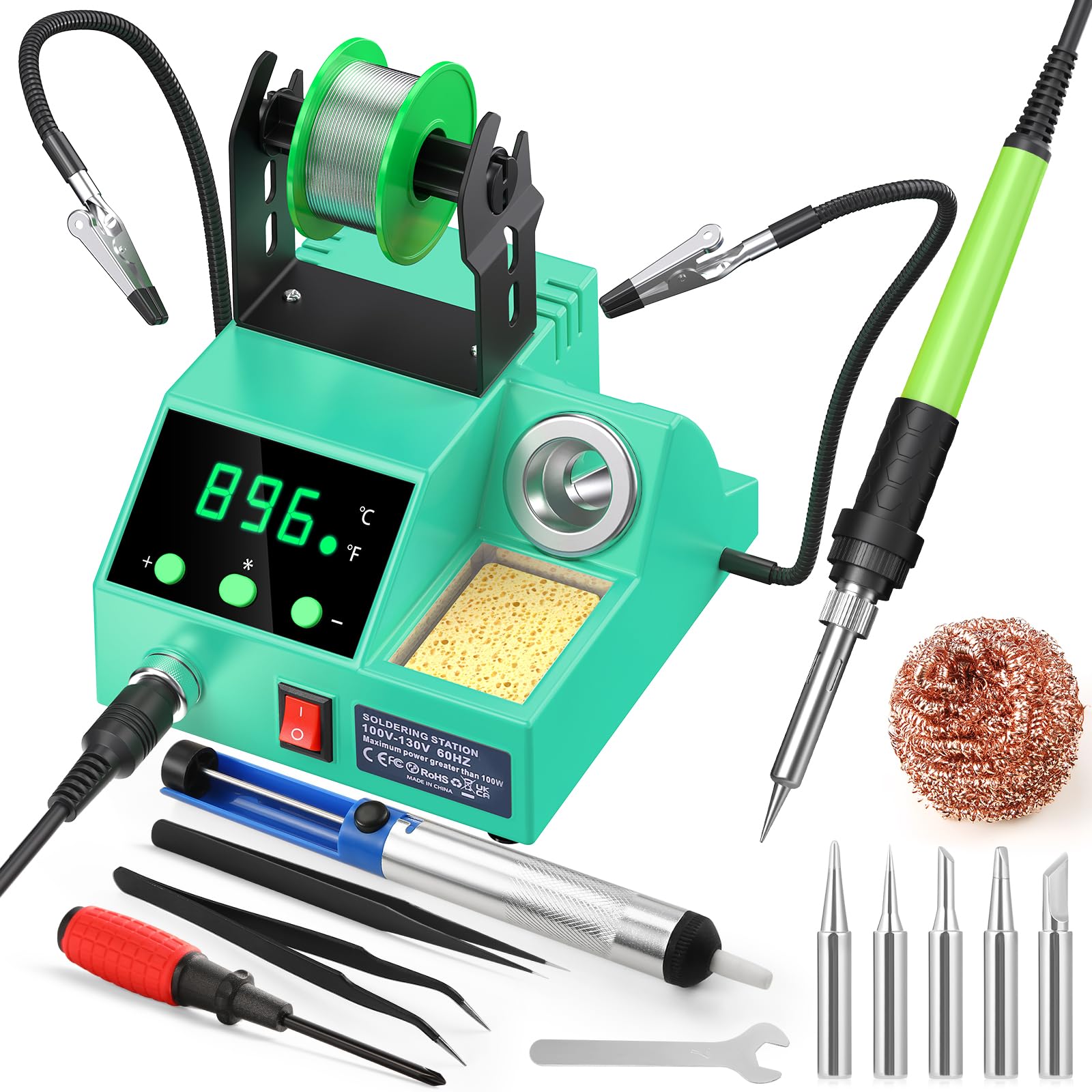 Soldering Station, 100W Digital Display Soldering Iron Station Kit with 2 Helping Hands, 356°F - 896°F, Auto Sleep, °C/°F Conversion, Solder Wire, Tips, Stand, Pump, Tweezers, Tip Cleaner, Green — Amazon image 8