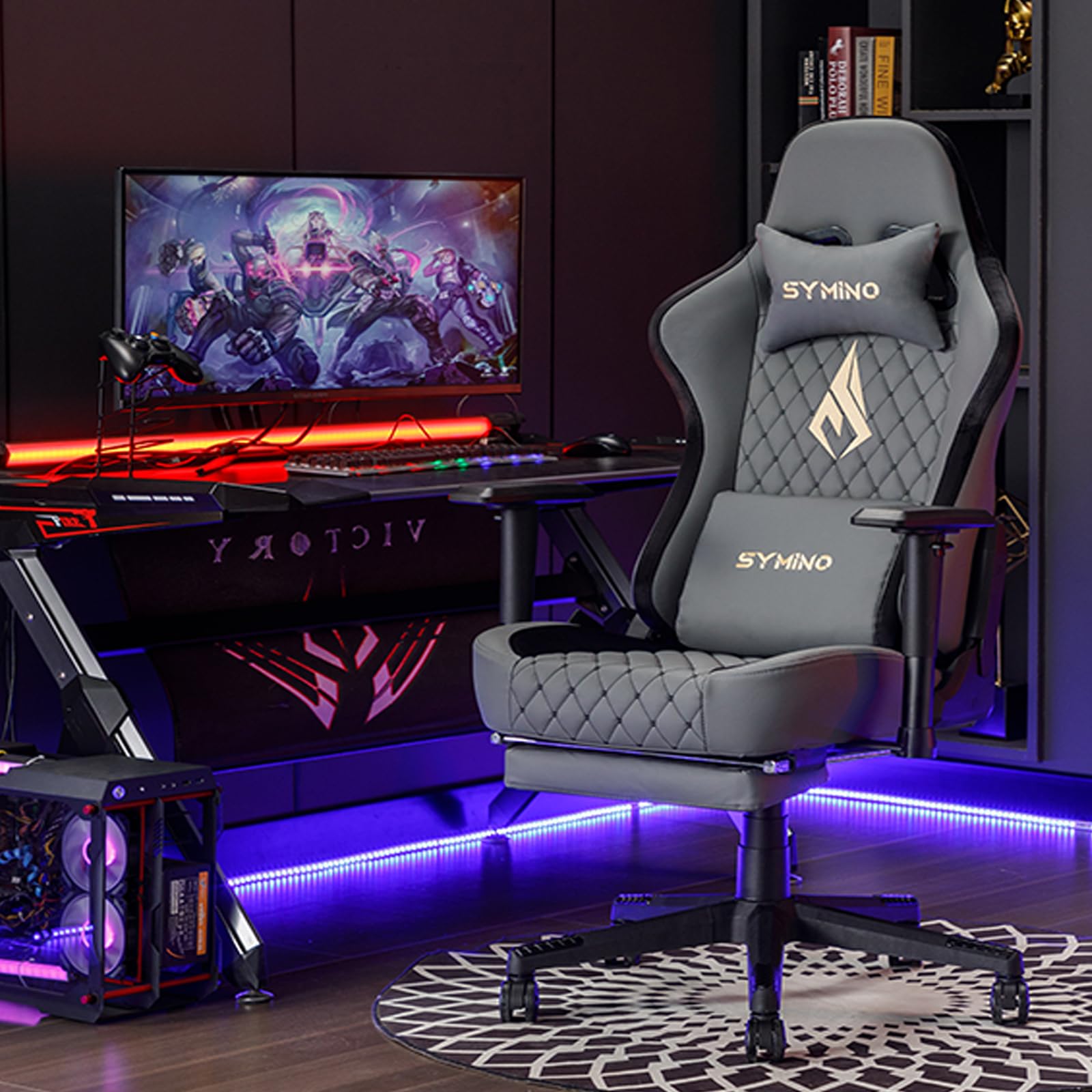 Symino Chaise Gamer Ergonomique - Fauteuil de Bureau avec Repose-Pieds Télescopique, Support Lombaire et Hauteur Réglable - 200kg (Simili Cuir Grey)