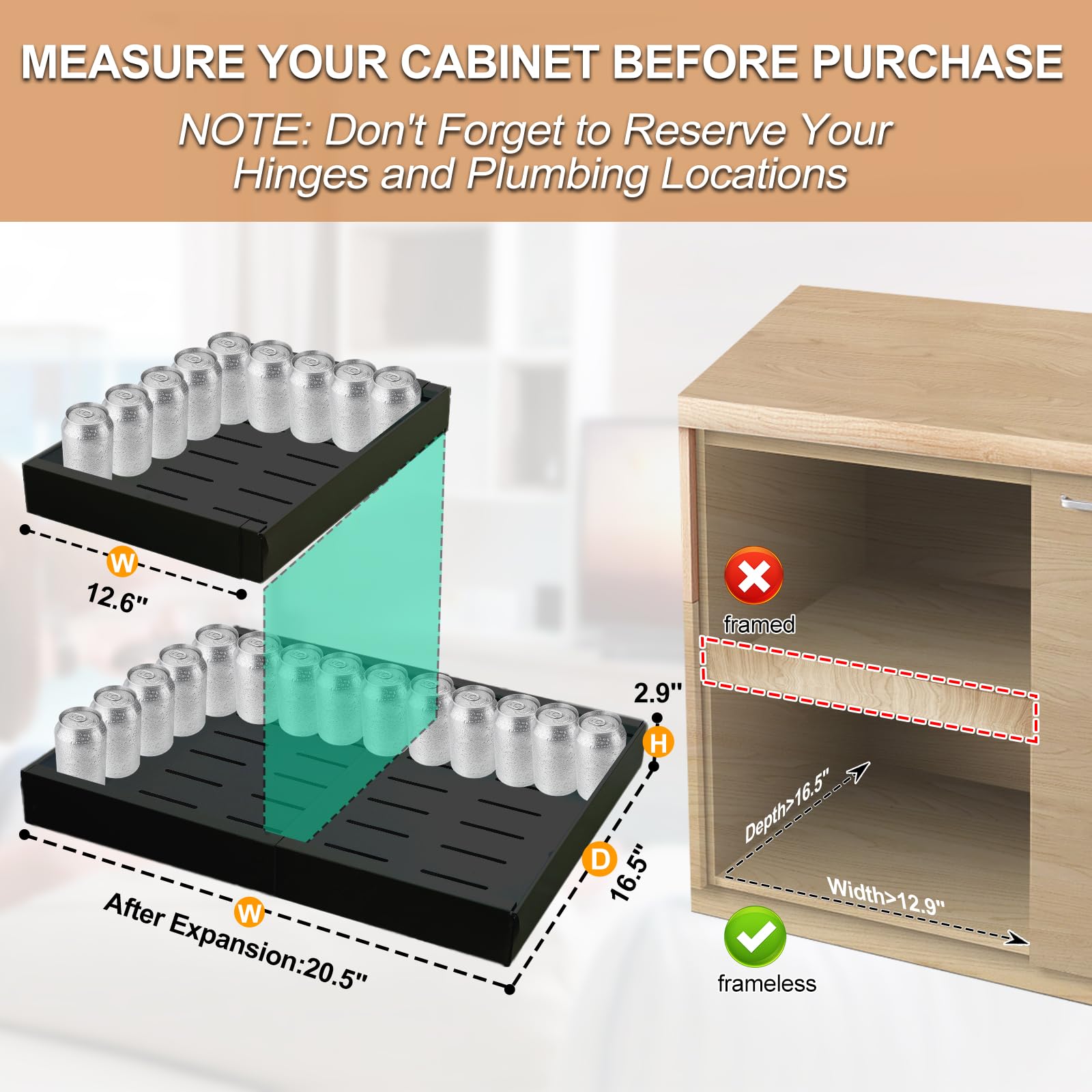 CICITANNI Expandable Pull Out Cabinet Organizer, Upgraded 3 Rails No Drill Kitchen Adhesive Drawers, Adjustable Width (12.6