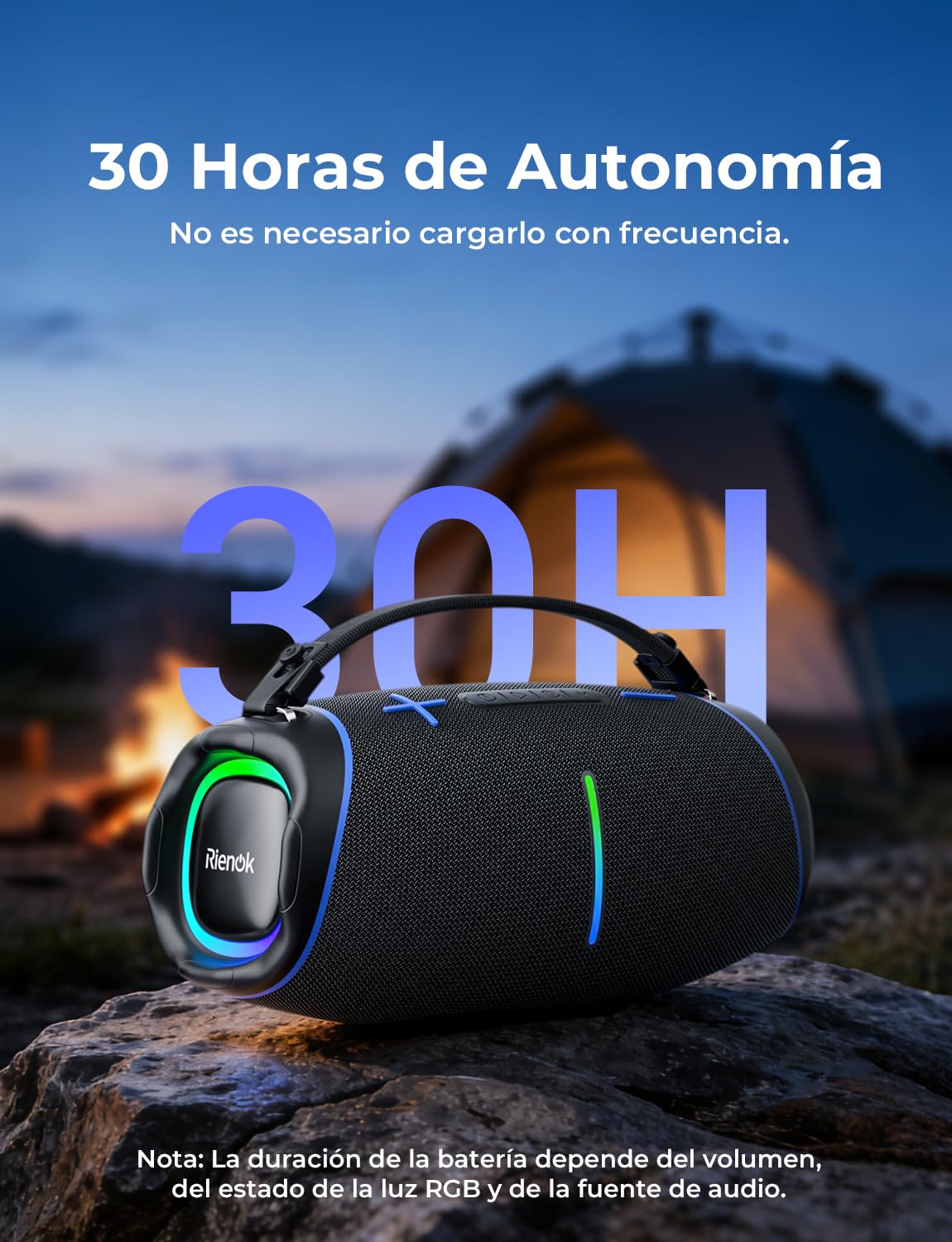 RIENOK Altavoz Bluetooth Potente 100W Portátil 30H con 2 Tweeters 2 Woofers | Impermeable IPX6 Luces RGB Bluetooth 5.3 Inalámbrica Emparejamiento Estéreo Apoya 128G Tarjeta TF, AUX, Memoria USB