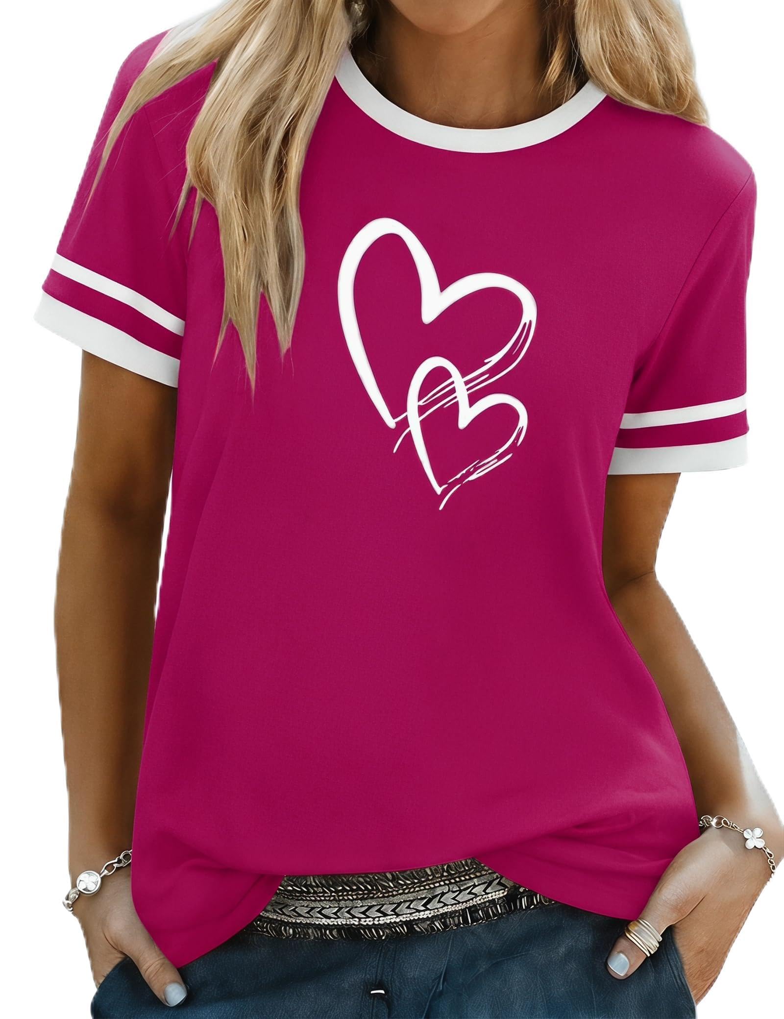 Aottori T-Shirt Damen Baumwolle Rundhals Kurzarm Oberteil Sommer Basic mit Herzen Print Tee Shirts Frauen Stretch Oversize Top Casual