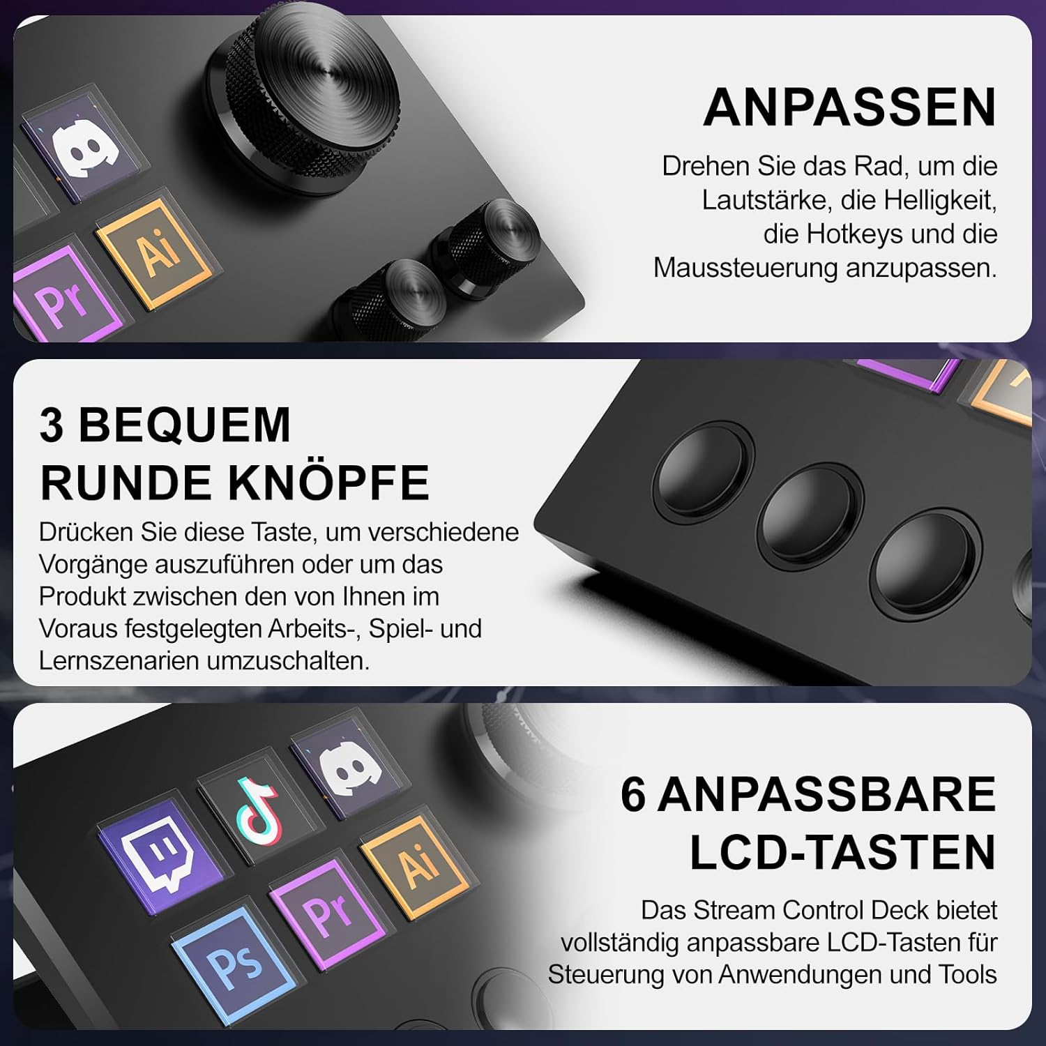 Close-up of Stream Control Deck showing LCD buttons, rotary knobs, and round buttons with German labels for customization