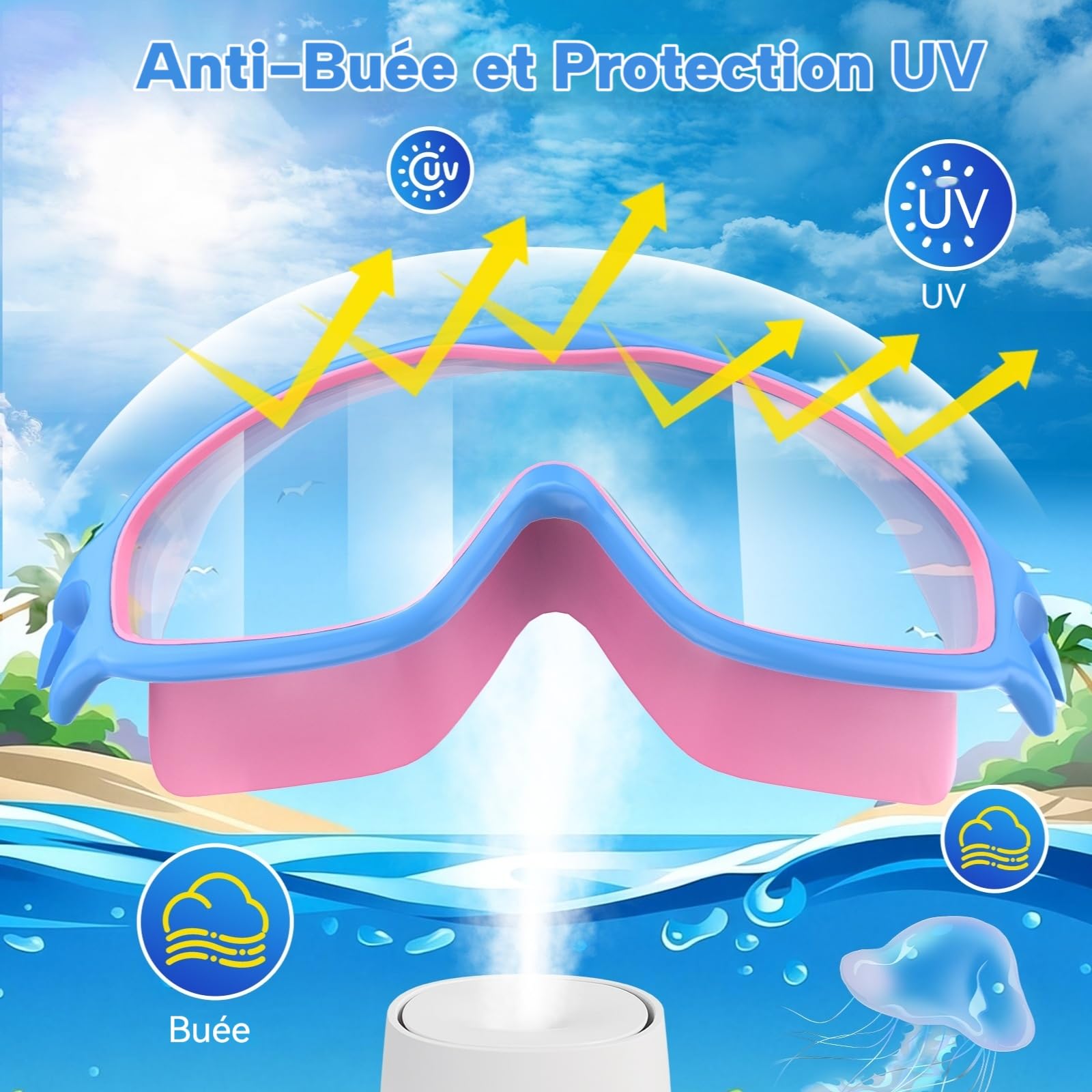 Lot de 2 Lunettes de Natation Enfants - Cadeau Garçons et Filles 3-15 Ans | Grand Champ de Vision HD 180°, Anti-Buée & Protection UV, Silicone Doux Réglable, avec Bouchons d’Oreilles & Pinces-Nez