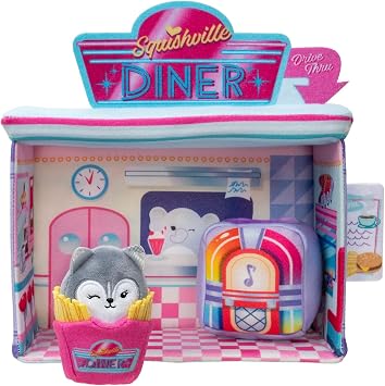 Squishville by Original Squishmallows Darling Diner Playset - Includes 2-Inch Heidi The Husky Plush, Jukebox, French Fries, and Diner Playscene - Toys for Kids