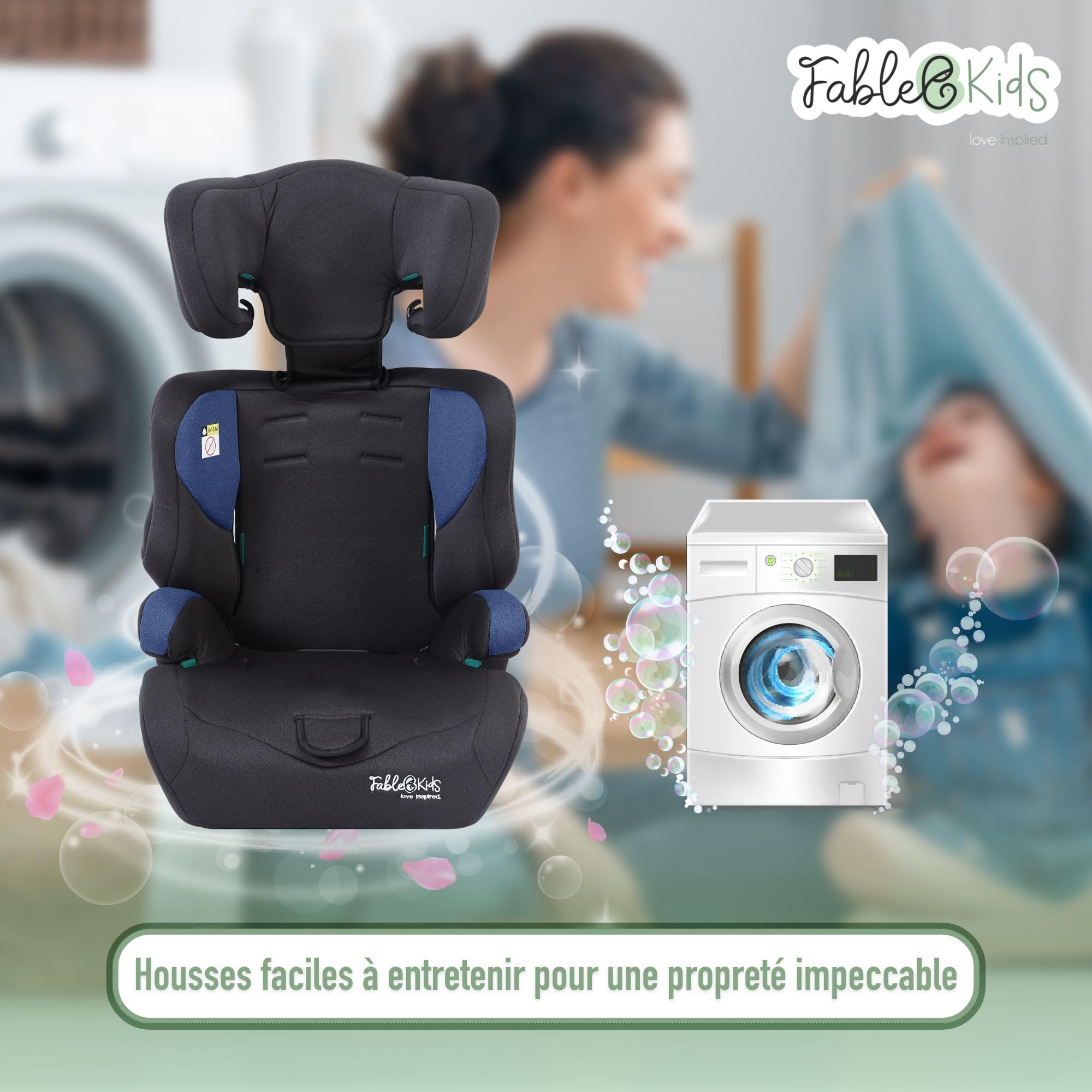 FableKids Siège auto pour enfants | Ceinture de sécurité à 3 points | à partir de 15 m. | 76-150 cm | ECE R129/03 | Réglable 44,5x41x68-75cm | Bleu