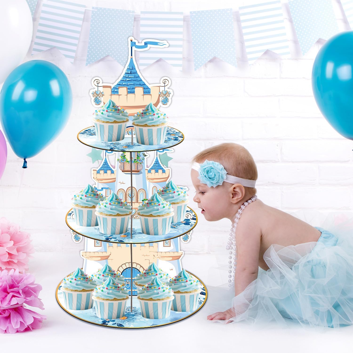 Blue Castle Birthday Party Decorations - 3 Tier Flower Castle Cupcake Stand Blue Theme Party Supplies Dessert Tower Holder for Birthday Baby Shower Wedding Decorations