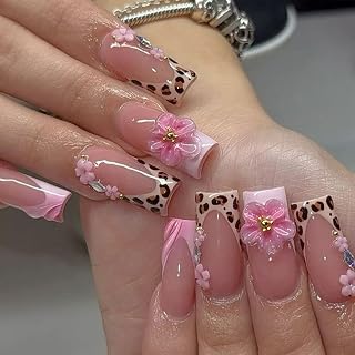 Press on Nails Long Square Pink French Tip Fake Nails Leopard Print on Nails with 3D Flower Texture Charm Designs Full Cover Fall Acrylic Handmade False Nails for Women Girls DIY Nail Art 24Pcs