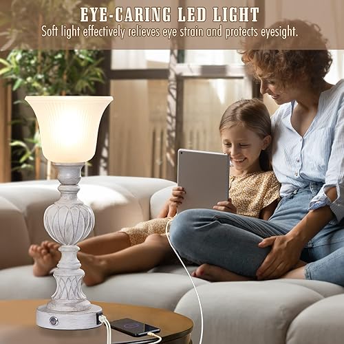 Miniatura 7 de Juego de 2 lámparas de mesa, de granja, puertos de carga USB duales, regulables de 3 vías, retro, con pantalla de tela de lino, lámparas para sala