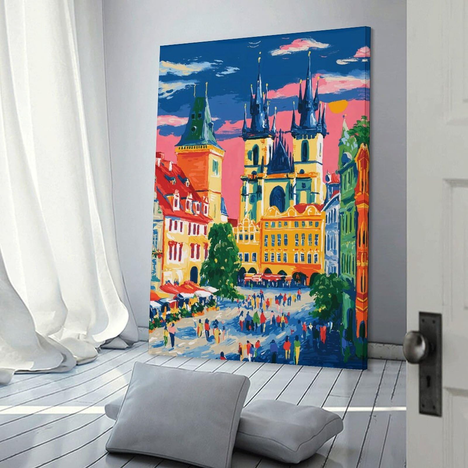 Junmoney Frame-Style-15 Prague Cityscape Painting Canvas Wall Decor, 20X30inch(50X75cm), For Flats, Guest Rooms Or Compact Rooms, Decorative Canvas Decor For Home Updates