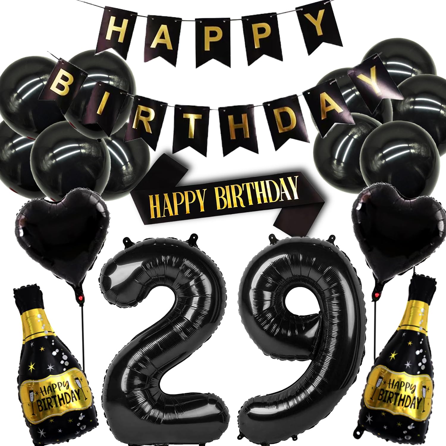 29th Birthday Decorations Set Women and Men, Black Gold 29 Birthday Decoration Balloon, 29th Birthday Party Supplies Including Birthday Banner,