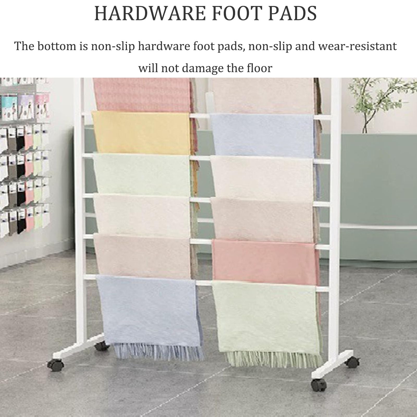Expositor de bufandas de metal de 7 niveles con ruedas, expositor de bufandas independiente y móvil, percha para colgar pantalones, perchero para ropa, corbatas, cinturones, chales, hiyabs, toallero
