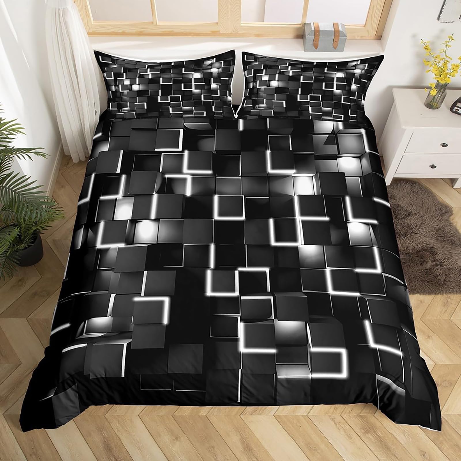Tabeskly Boy Kids Geometry Square Lattice Bedding Double Duvet Cover Sets Bed Zipper White Black 200×200cm
