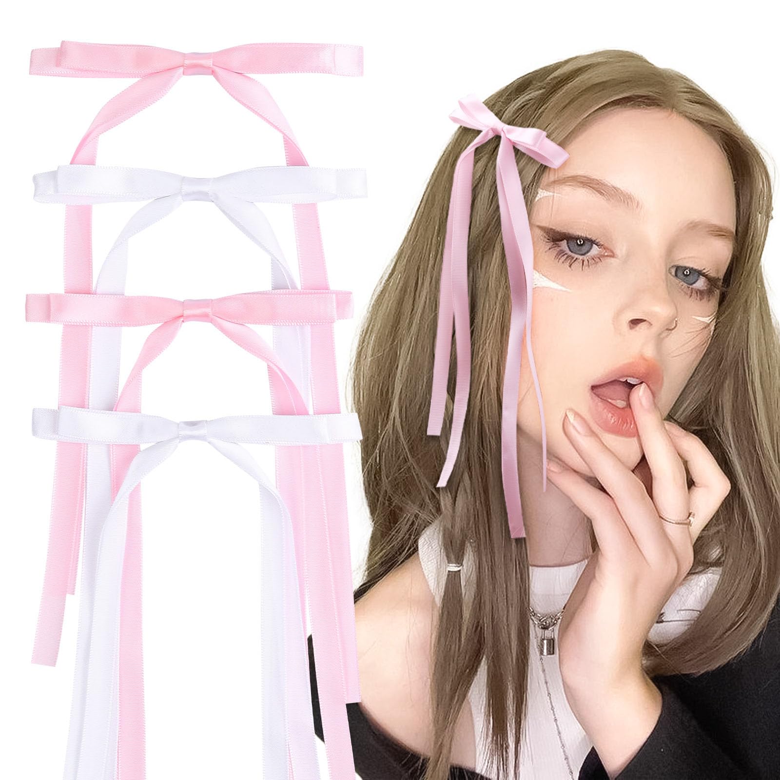 VOBOBE 4PCS Hair Bows for Women Girls, Tassel Ribbon Bowknot Hair Clips Barrettes for Girl with Long Tail, Solid Satin Hair Accessories (Pink+White)