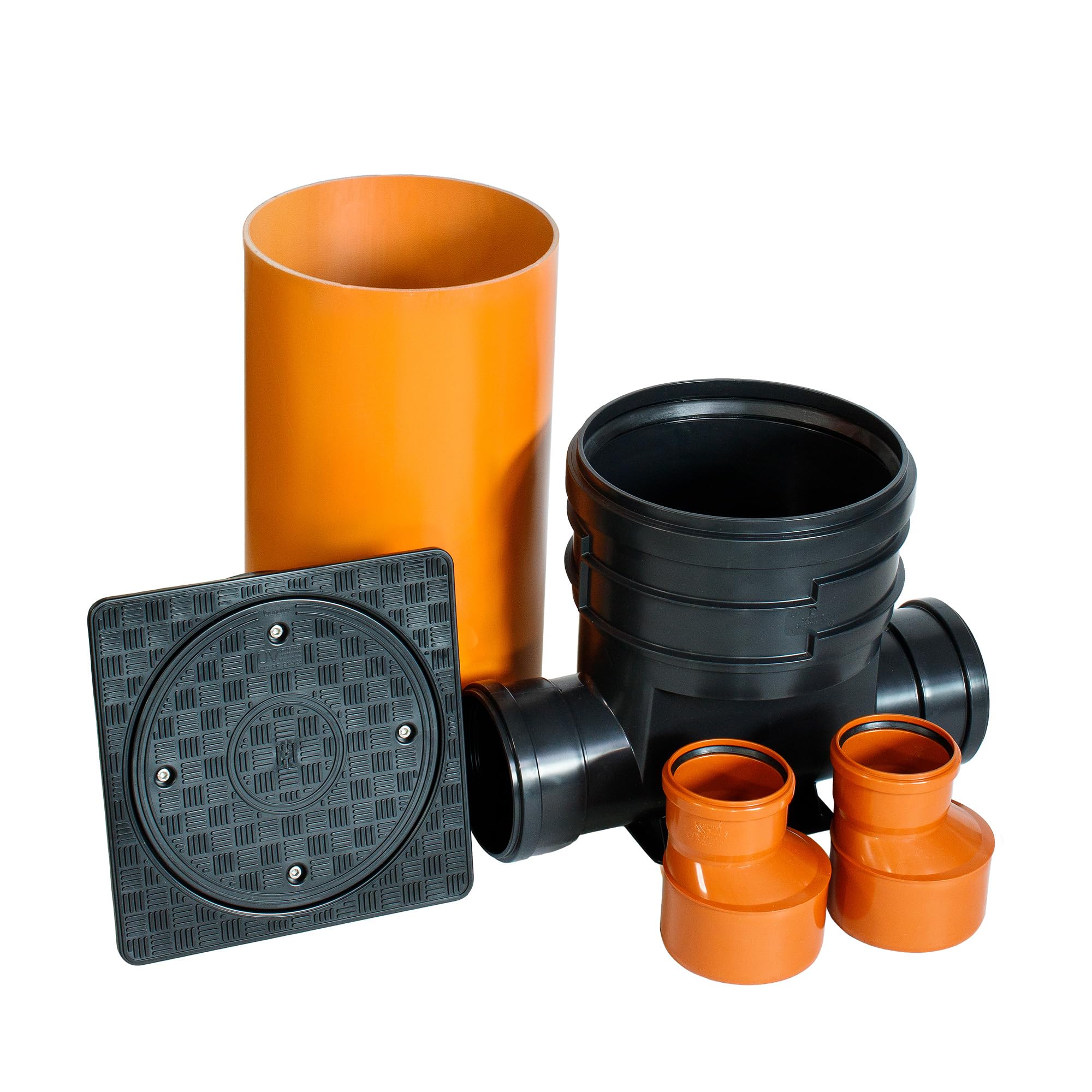 Schachtsystem Set - Kontrollschacht DN 315 - PVC Kunststoffrohr, Schachtböden gerade, 0,5 m Rohr, Deckel Voll Viereckig, Höhe 78 cm, Breite 76,5cm - 2x DN 110-2 x Reduzierung 160/110