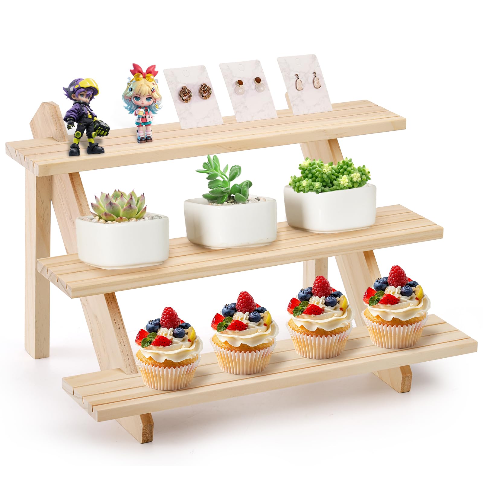 Coloch 3 Tier Wood Display Stand, Wooden Cupcake Stand, Rustic Retail Display Riser Jewelry Holder Stand, for Cupcakes, Desserts, Brooch, Bracelet, Tabletop Jewelry Display, 40 x 26x 23cm