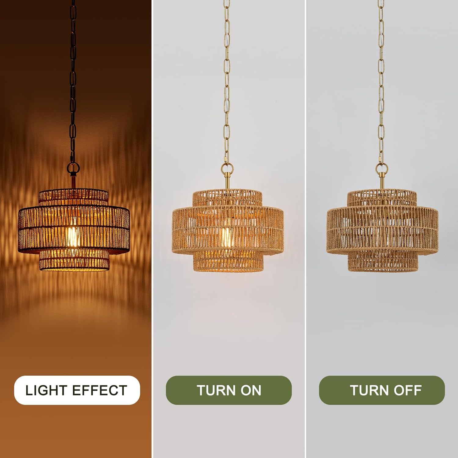 12.6" Rattan Pendant Light Fixture Vintage Farmhouse Hand-Woven Boho Bamboo Pendant Lighting Mini Drum Wicker Golden Chandelier for Kitchen Island, Bedroom, Dining Room, Entryway, Foyer