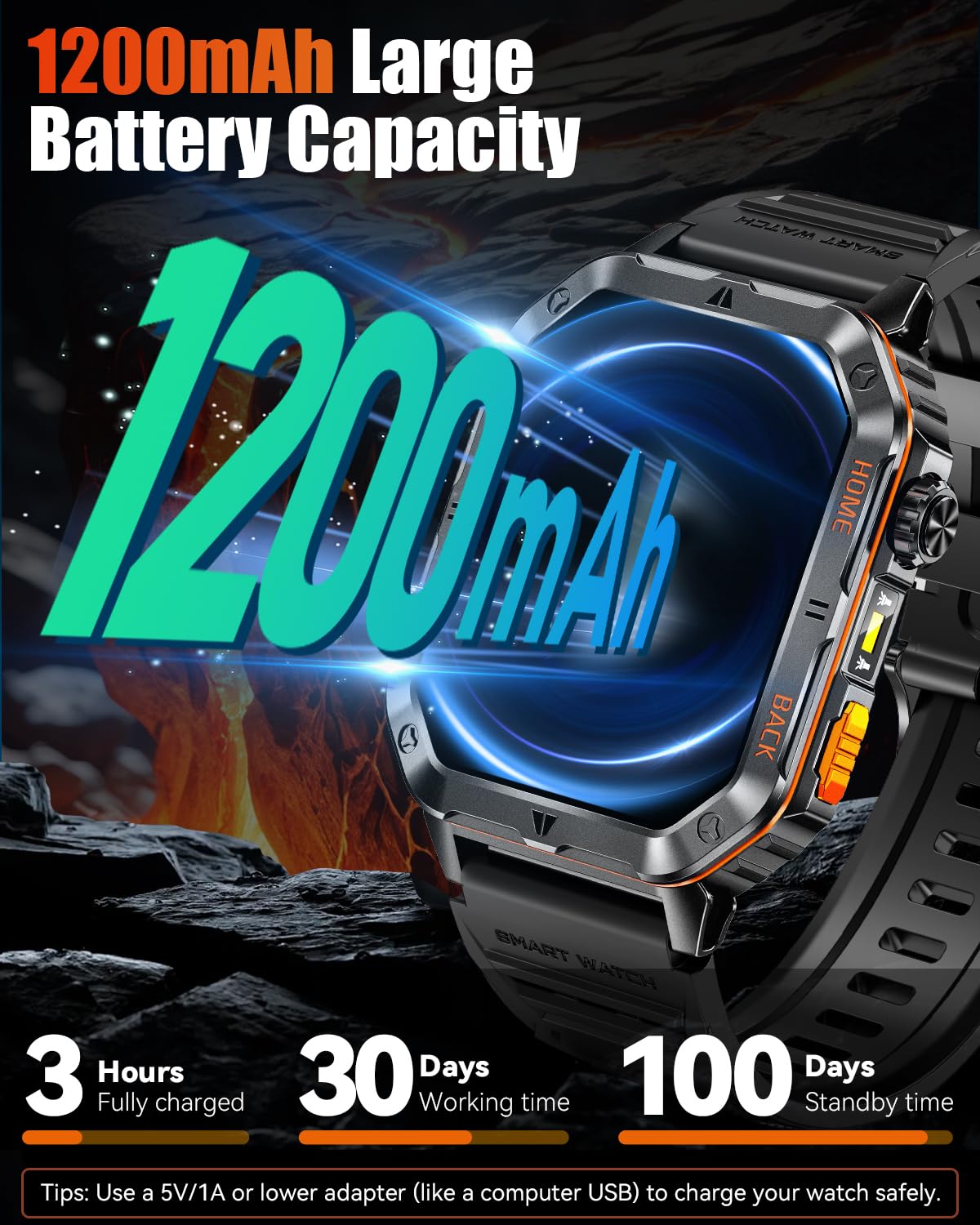 Military Smart Watch for Men, 2.01'' Fitness Tracker with 1200mAh Long Battery Life, Bluetooth Calls, Flashlight, IP68 Waterproof, Heart Rate/Sleep Tracking, 100+ Sports Modes for Android iPhone