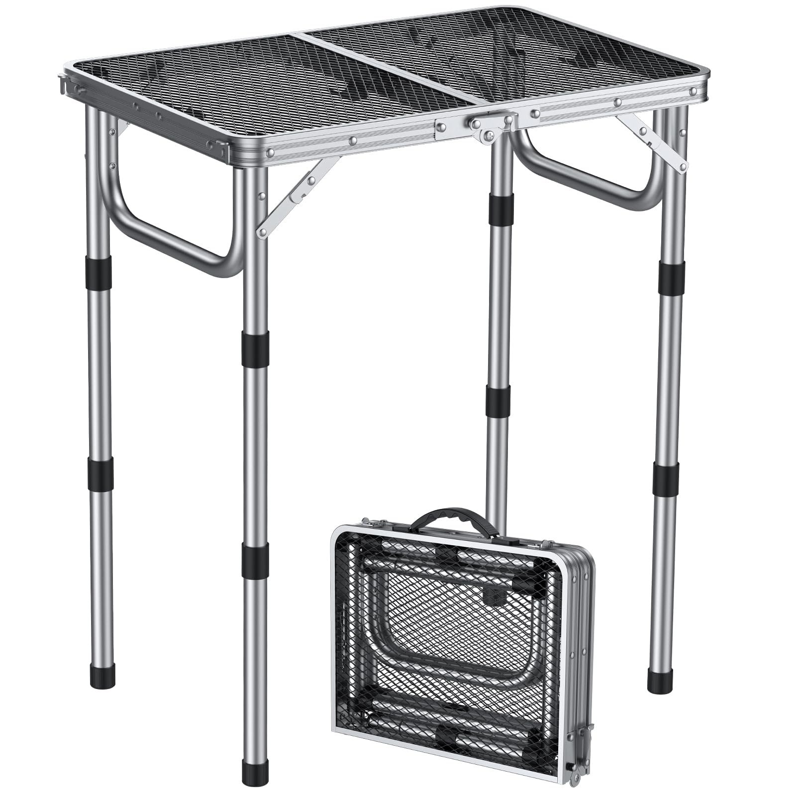 Anbte Campingtisch Grilltisch 58x40cm Metallgitter Tischplatte mit 3 Verstellbare Höhe 26/48/70cm Aluminium Rahmen Klapptisch Tragbar Picknicktisch für BBQ Garten Party Balkon (Silber)