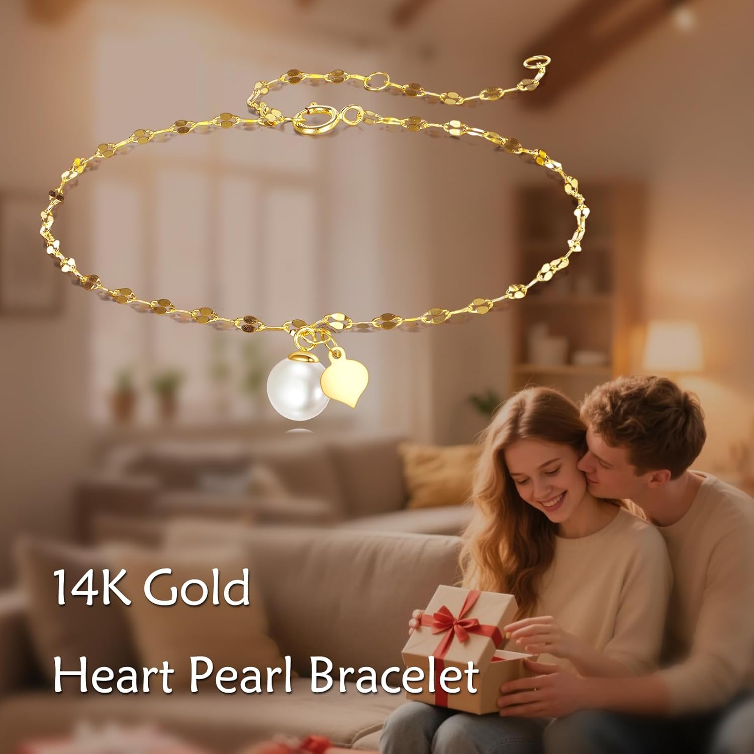 14K Gold Heart Pearl Bracelet for Women,Lip Chain 6MM Pearl Love Heart Charm Link Bracelets Anniversary Christmas Mother’s Day Jewelry Gift for Mom Wife Her 6.5''+2'' - Image 5