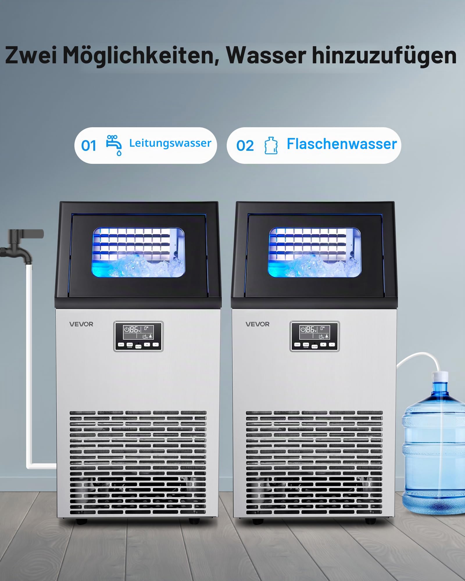 VEVOR kommerzielle Eismaschine Eiswürfelmaschine 54 kg/Tag mit 13 kg Speicher, freistehender und unter der Theke stehender Eiswürfelbereiter aus Edelstahl mit LED-Anzeige & Selbstreinigung