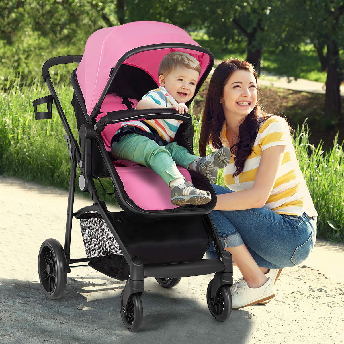 HONEY JOY Baby Stroller, High Landscape Convertible Infant Bassinet Stroller, Adjustable Canopy & Backrest, Storage Basket, Cup Holder, Foldable Newborn Carriage Pram Stroller (Pink)