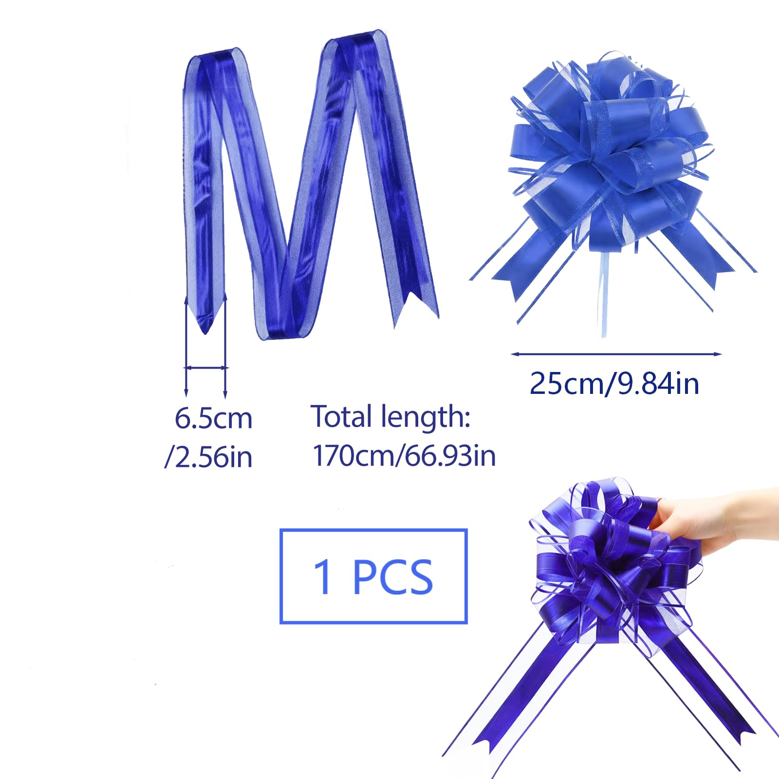 Nœud Cadeau Bleu Grand 25cm - Ruban à Tirer Manuellement pour Emballage Mariage Anniversaire Noël