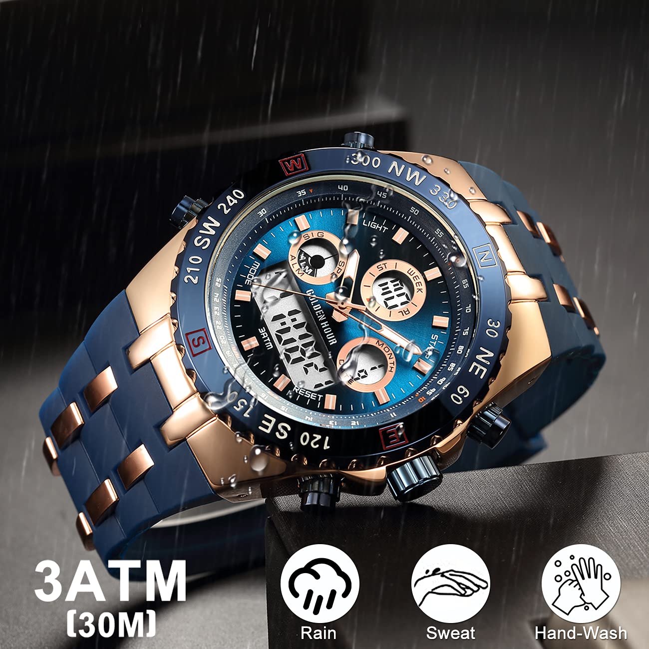 Montres de Sport pour Homme étanche, chronomètre, Date, Alarme, Lumineux, numérique, analogique, Militaire, avec Bracelet en Caoutchouc