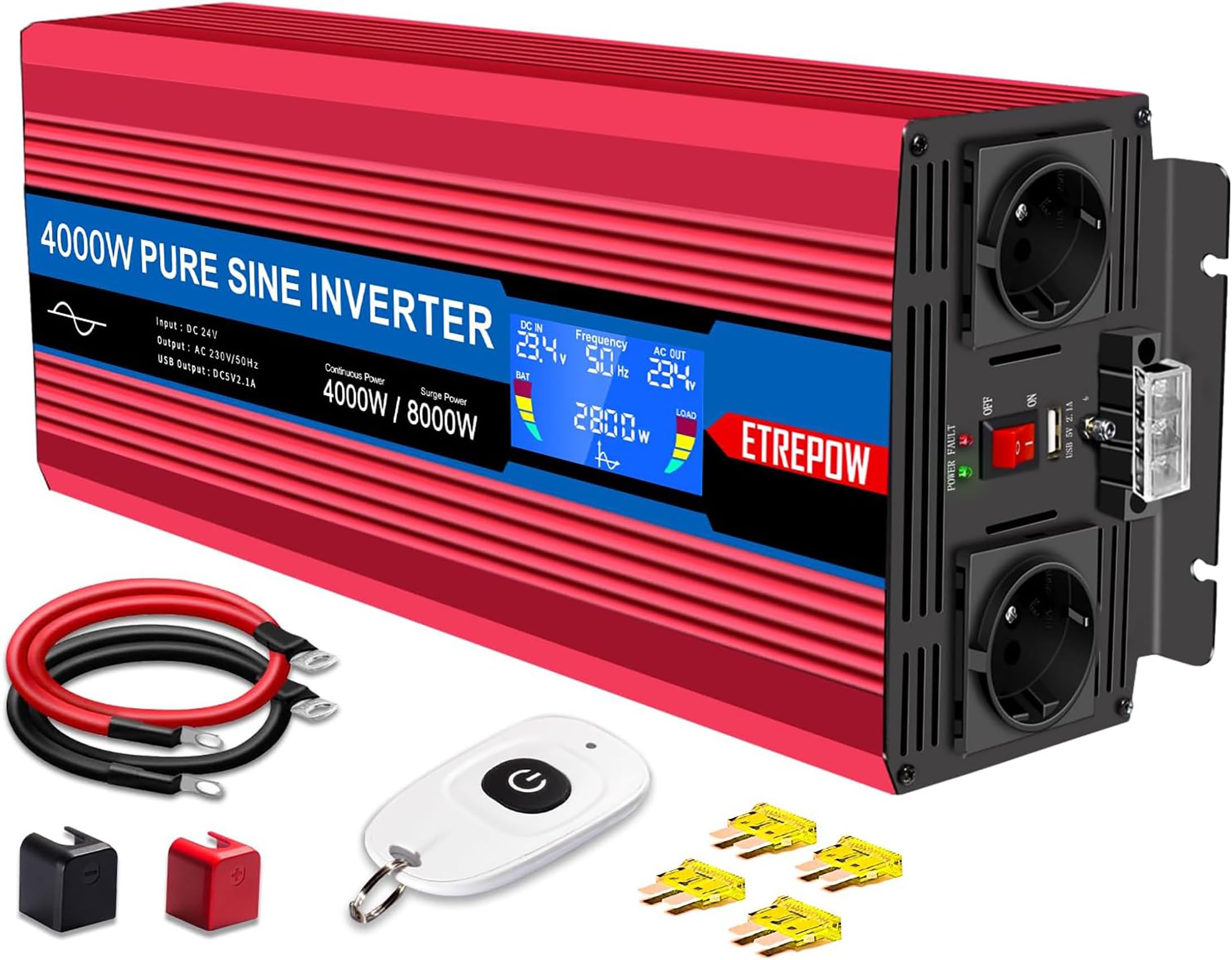 4000W convertisseur 24v 220v Pur Sinus transformateur | 2 Prises EU AC et USB, télécommande sans Fil et écran LCD Onduleur pour Les systèmes Solaire, Voiture, Camping, Voyage