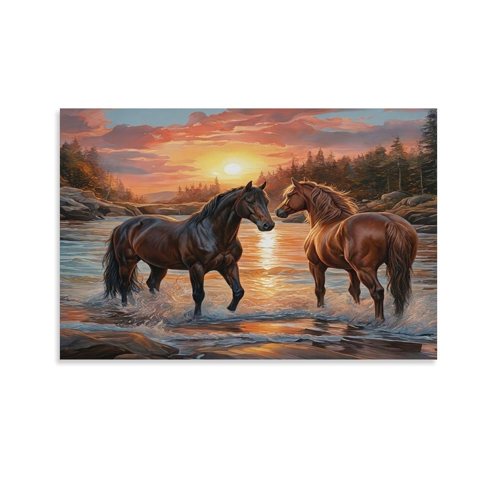 XPASHIQWC Horse Poster Artwork Sunset River Giclee Canvas Prints Modern Canvas Wall Art Picture Wall Hanging for Home Decorations 24x36inch(60x90cm)