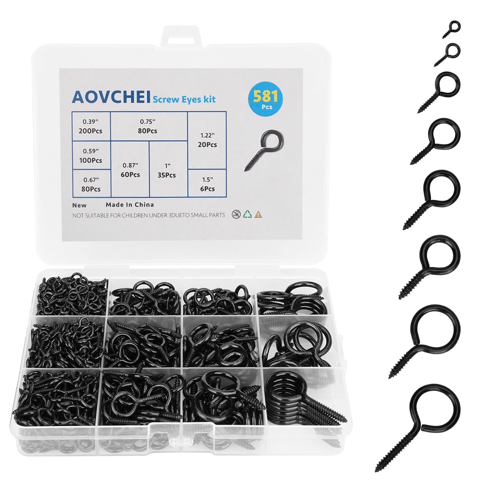 Aovchei 581Pcs Black Eye Screws Set, 8 Sizes Self Tapping Hooks | 581Pcs 8 Sizes Black Self Tapping Eye Screws, 0.39"-1.5" Metal Hooks, Indoor &